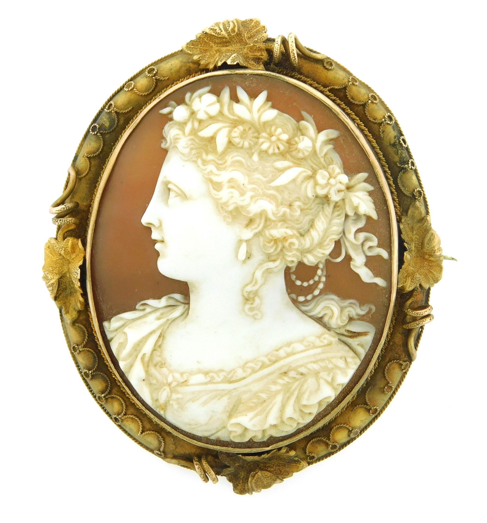 JEWELRY: 14K Cameo Pin, oval frame with Etruscan granulation and leaf design, tested 14K yellow gold (1 of 2)