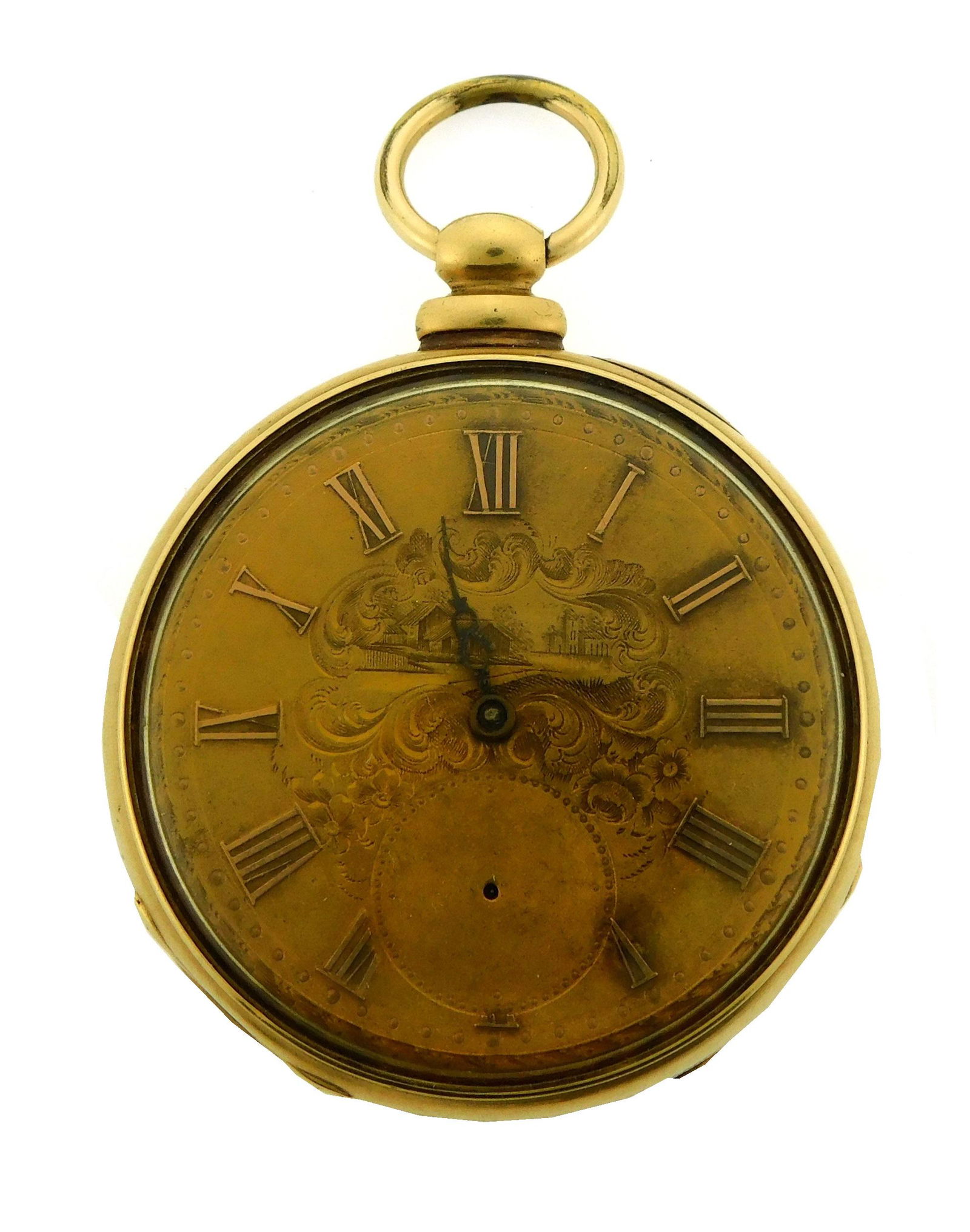 JEWELRY: 14K Open Face Key Wind Pocket Watch, key wind movement: Base metal dust cover engraved "Hi (1 of 2)