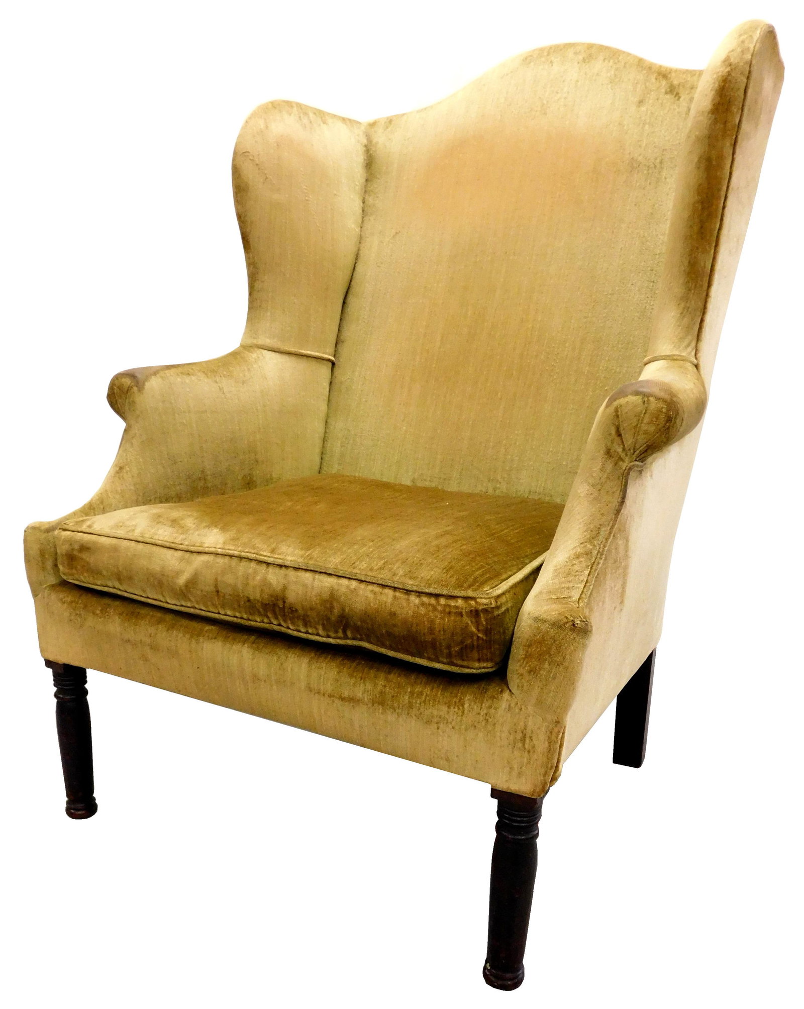 Wing chair, 19th C., rolled arms, ring turned and tapered front legs, upholstered seat cushion, wear (1 of 3)