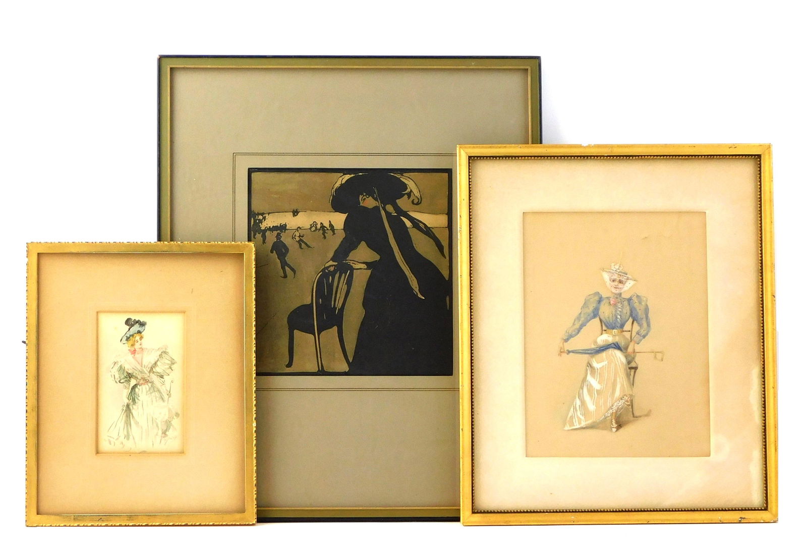 Three artworks of late 19th C. ladies, two watercolors and one block print all framed, details (1 of 4)