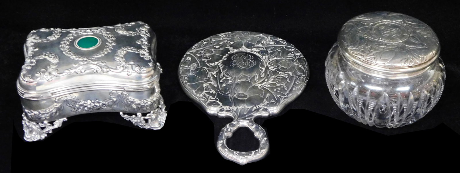 STERLING: Three sterling silver ladies accessories by Gorham and Mauser, jewelry box, hand mirror: STERLING: Three sterling silver ladies accessories by Gorham and Mauser, jewelry box, hand mirror and cut glass jar with sterling lid, details include: jewelry box with green stone inlaid in lid by Ma