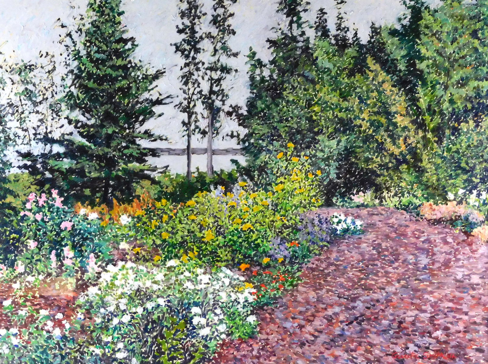 Carrita Smith (American, b. 1938), oil on board, 1986, stylized garden landscape with a gravel path (1 of 3)