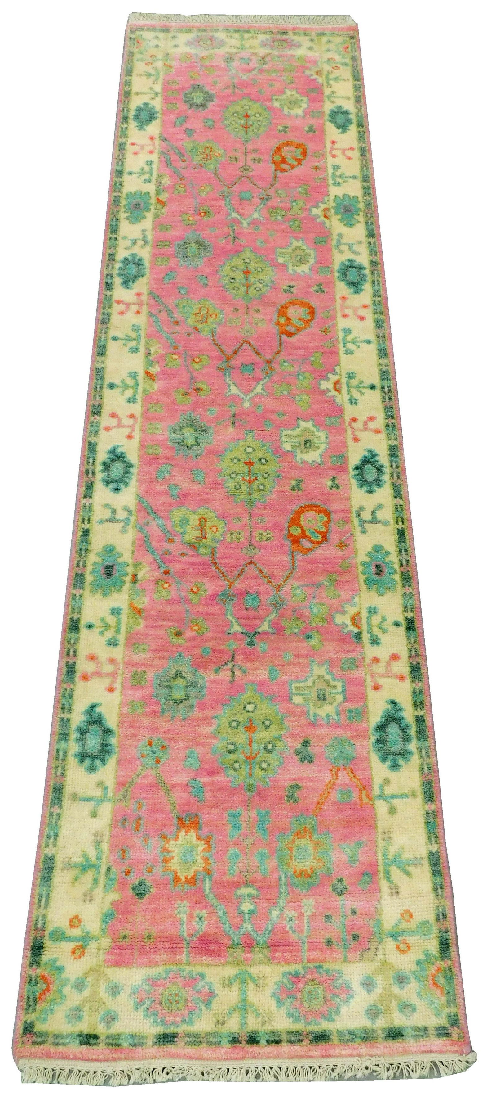 RUG: Turkish Oushak runner, 2' 6" x 10' 1", hand-woven, 100% wool, pink field, lavender, cream and (1 of 4)