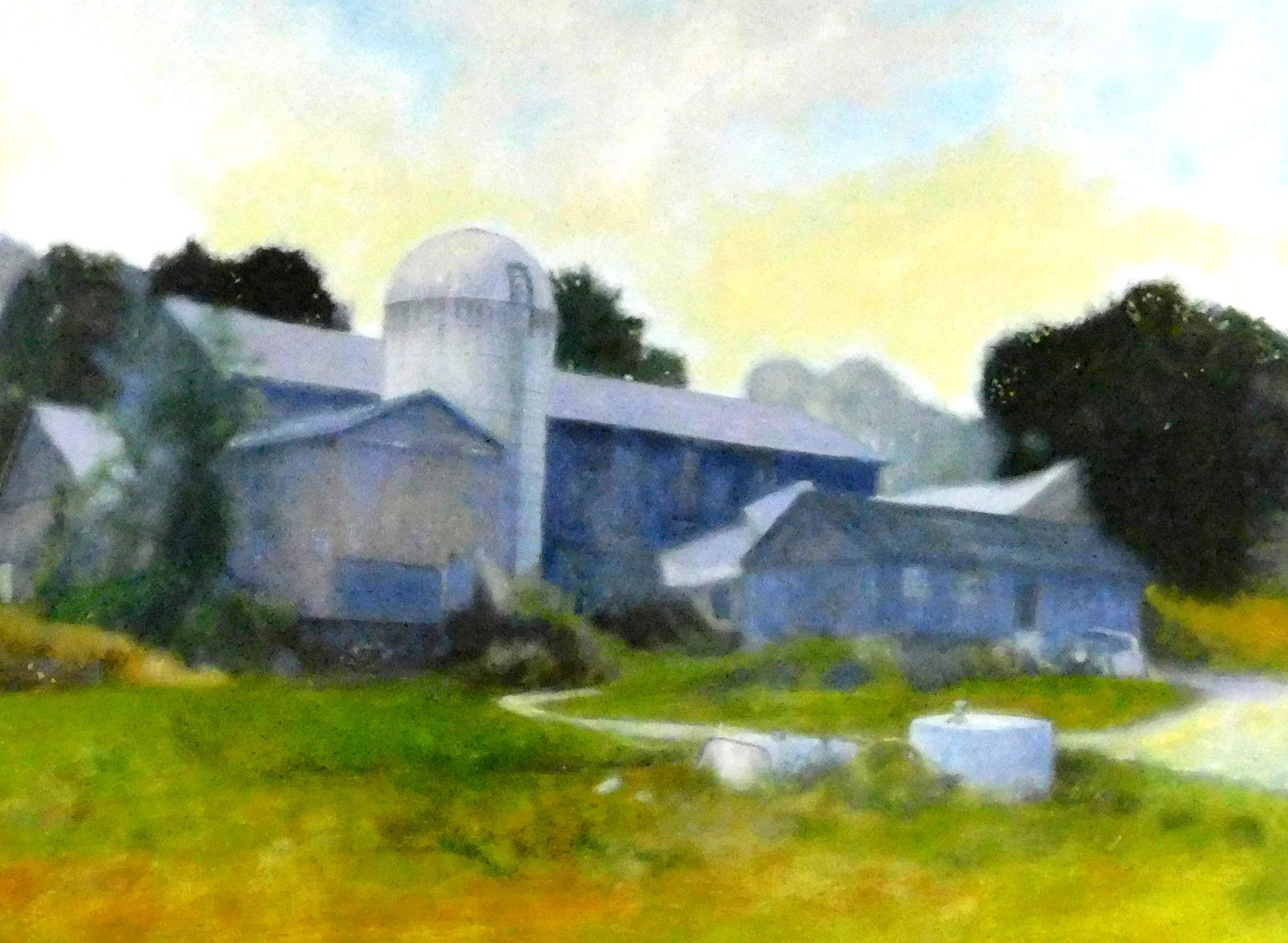 David Allen Dunlop (American, 20/21st C.) "Landscape with Barn", pastel and acrylic, muted scene: David Allen Dunlop (American, 20/21st C.) "Landscape with Barn", pastel and acrylic, muted scene featuring barn structures, signed lower right, framed and matted behind glass, not examined out of fram