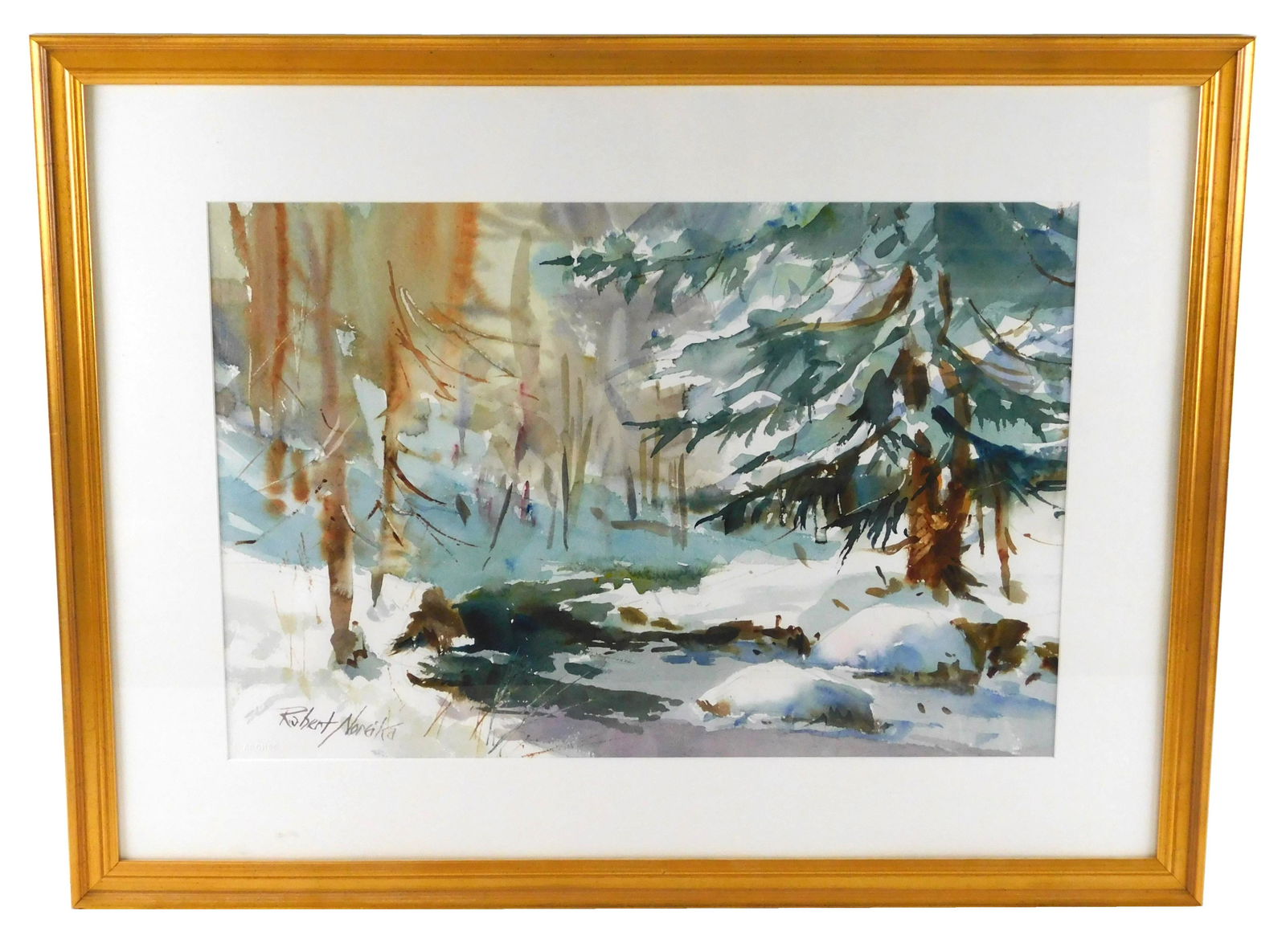 Robert Noreika (American, 20th C.), "The Stream", watercolor on Arches paper, depicts a winter scene (1 of 3)