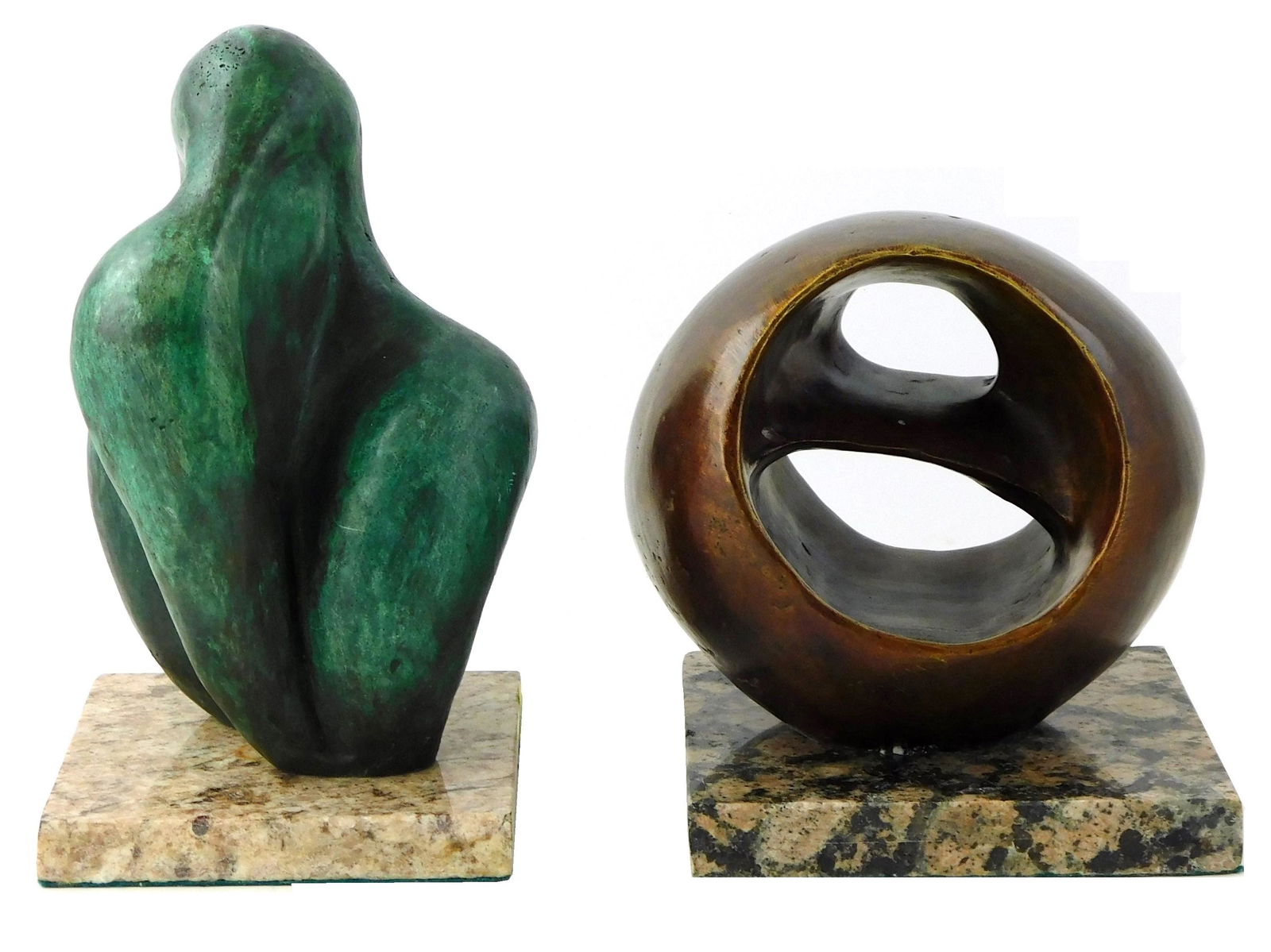 Two bronze sculptures: biomorphic shaped bronze with green patina, surface scratches and pitting, 9 (1 of 6)