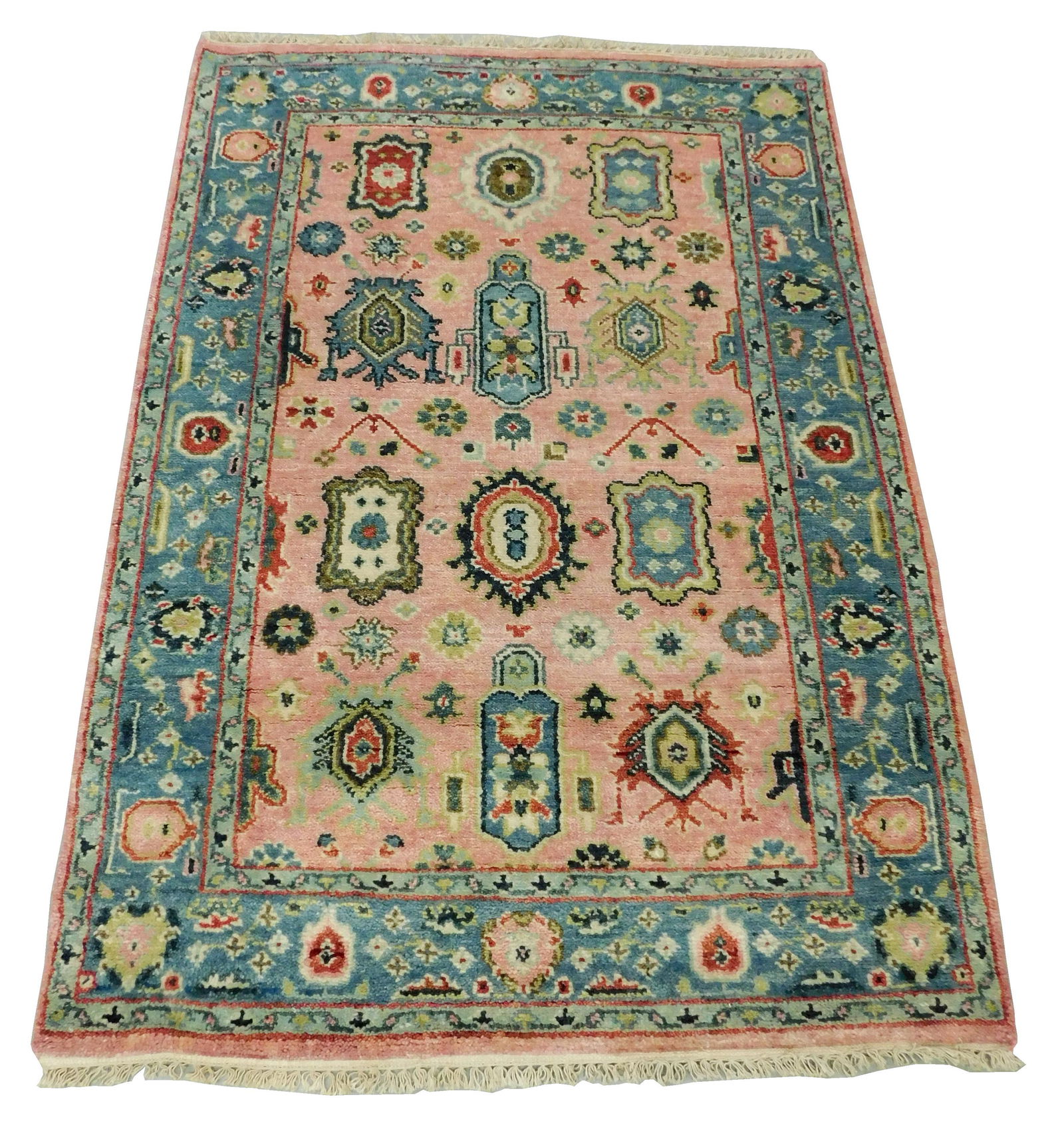 RUG: Laristan Mahal, 4' 2" x 6', hand-woven, 100% wool, light pink field, blue-grey border, light (1 of 4)