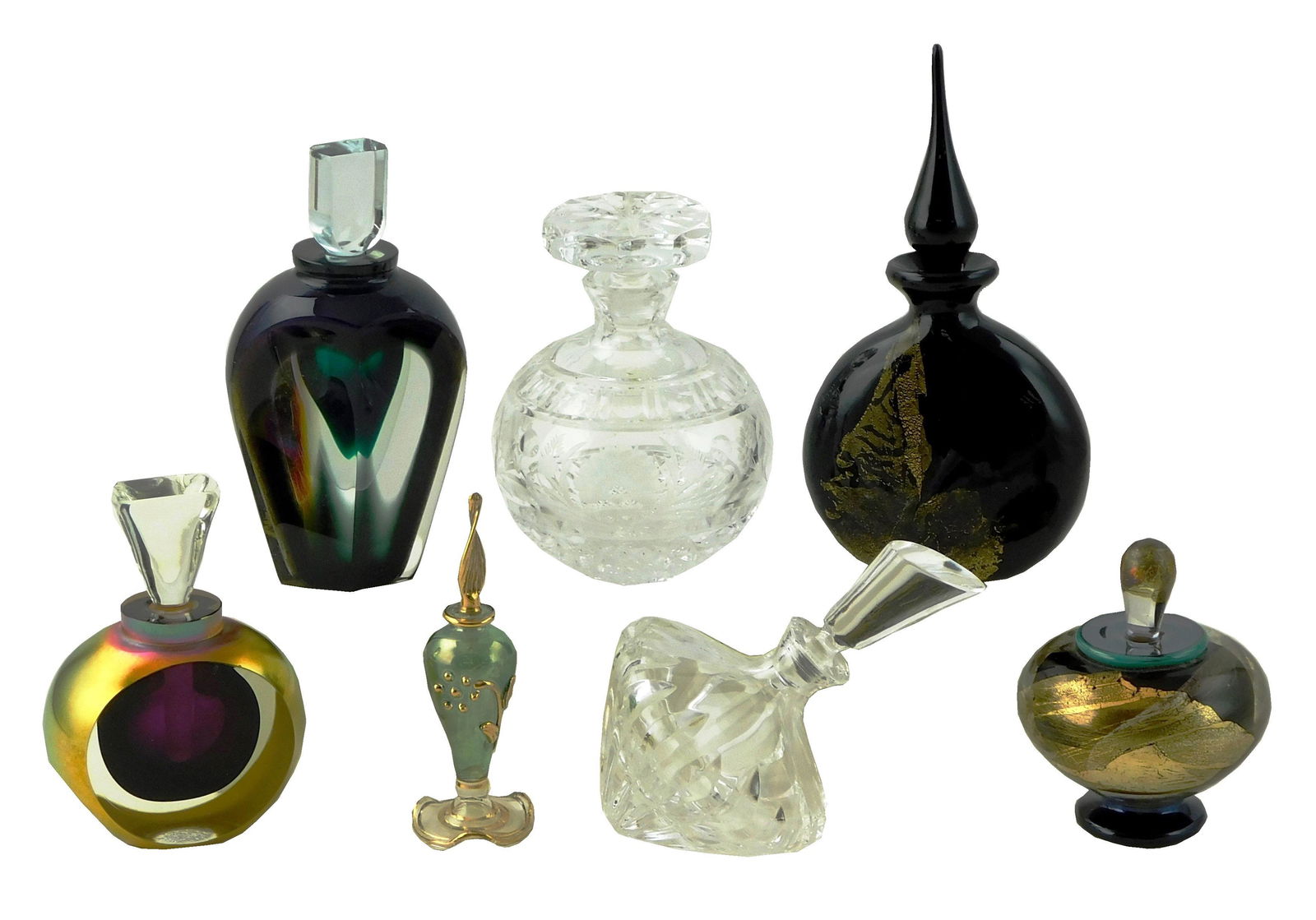 GLASS: Seven perfume bottles, assorted shapes, two cut crystal designs along with five art glass (1 of 3)