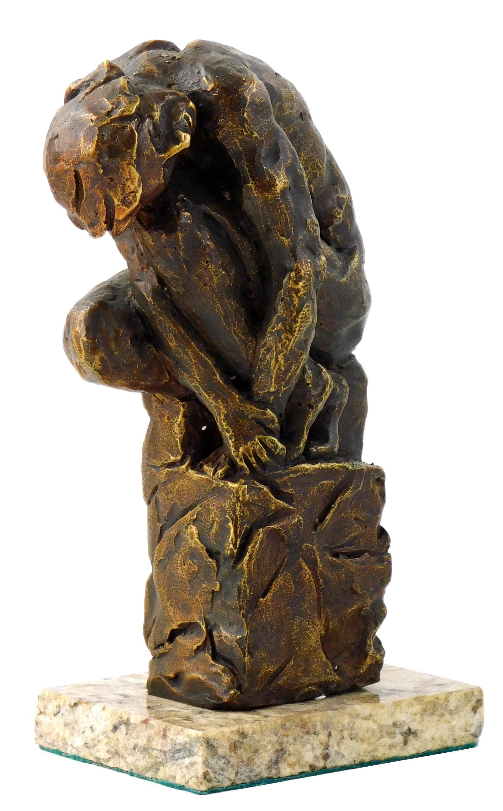 After Camille Claudel (French, 1864 - 1943) "The Leaning Man" patinated bronze sculpture, a man sits: After Camille Claudel (French, 1864 - 1943) "The Leaning Man" patinated bronze sculpture, a man sits with chin bent to knee, cast artist signature and ed. 7/10 on back, marble plinth, wear consistent