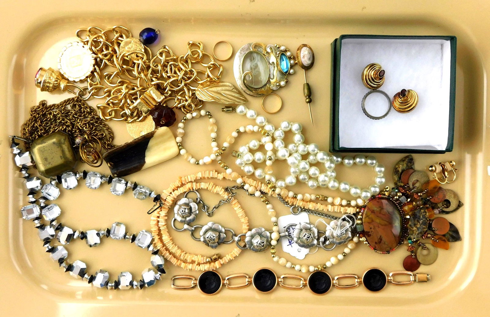 COSTUME JEWELRY: Ten plus pieces including pins; bracelets; pierced and clip earrings; sized rings; (1 of 5)