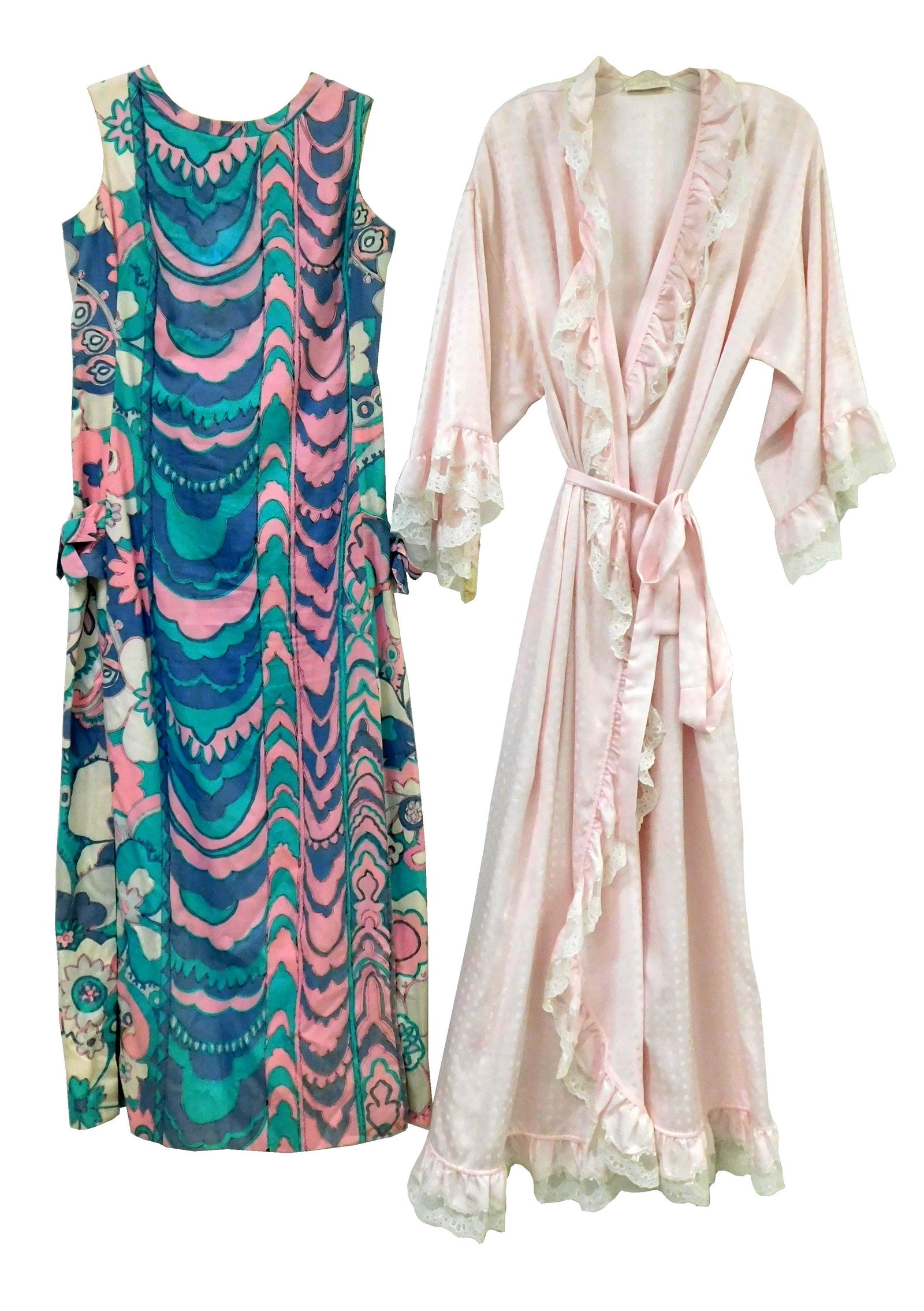 VINTAGE CLOTHING: Two pieces including a Givenchy Intimate powder pink robe with lace trim, size: VINTAGE CLOTHING: Two pieces including a Givenchy Intimate powder pink robe with lace trim, size large, stain on right sleeve as well as scattered other discolorations; along with a 1960's cotton maxi