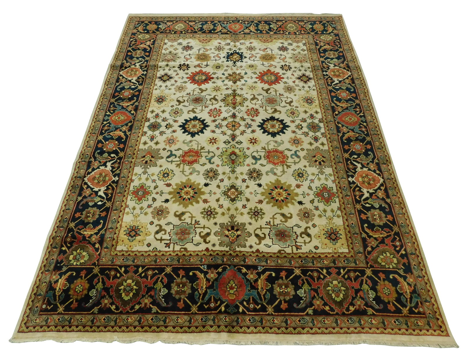 RUG: Agra Mahal, 10' x 13' 10", hand-woven, 100% wool, cream field, navy border, all over floral (1 of 4)
