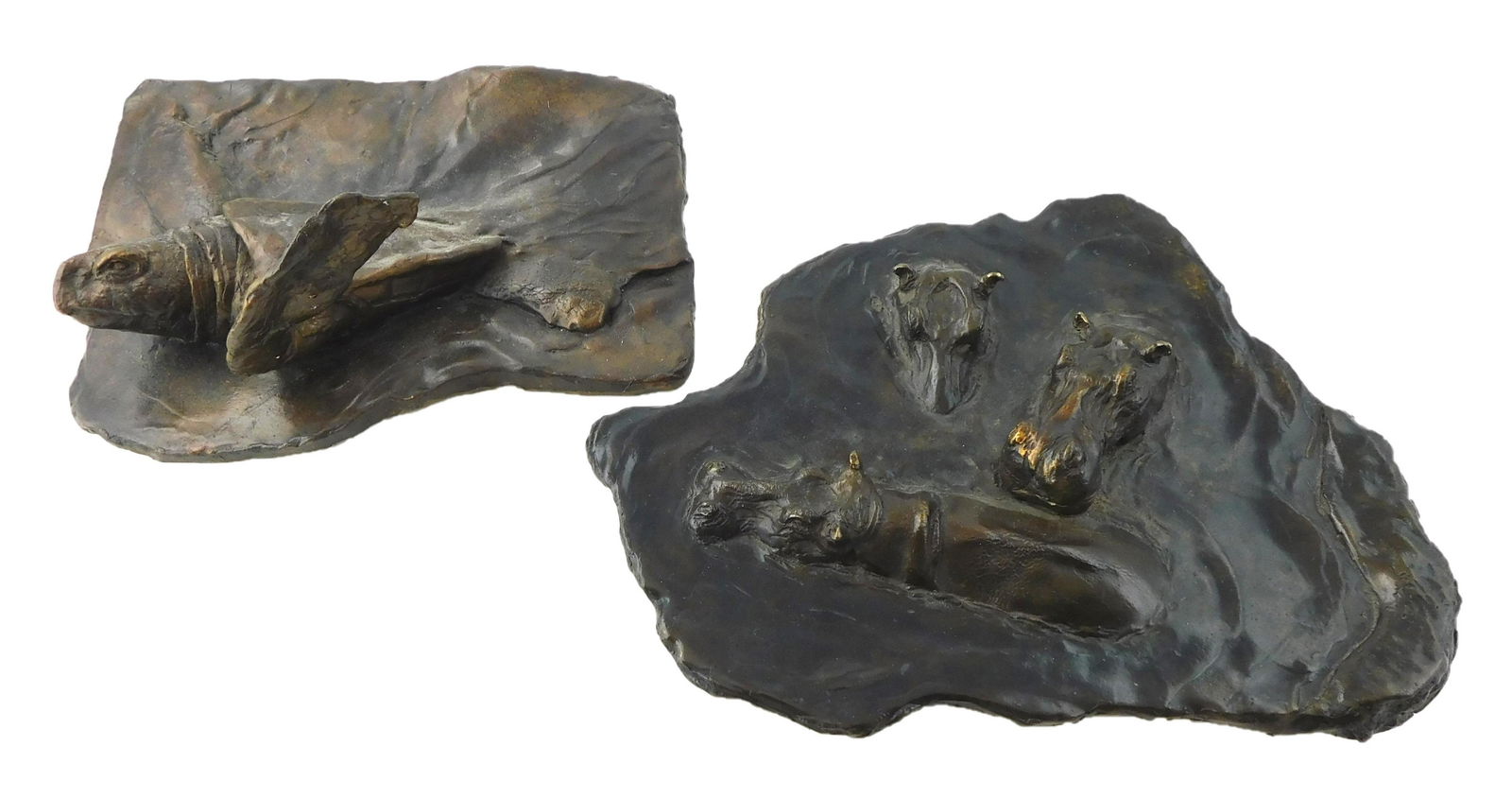 Two bronze sculptures, 20th C., both signed AJR, designed to be viewed from above, the first, a sea (1 of 3)