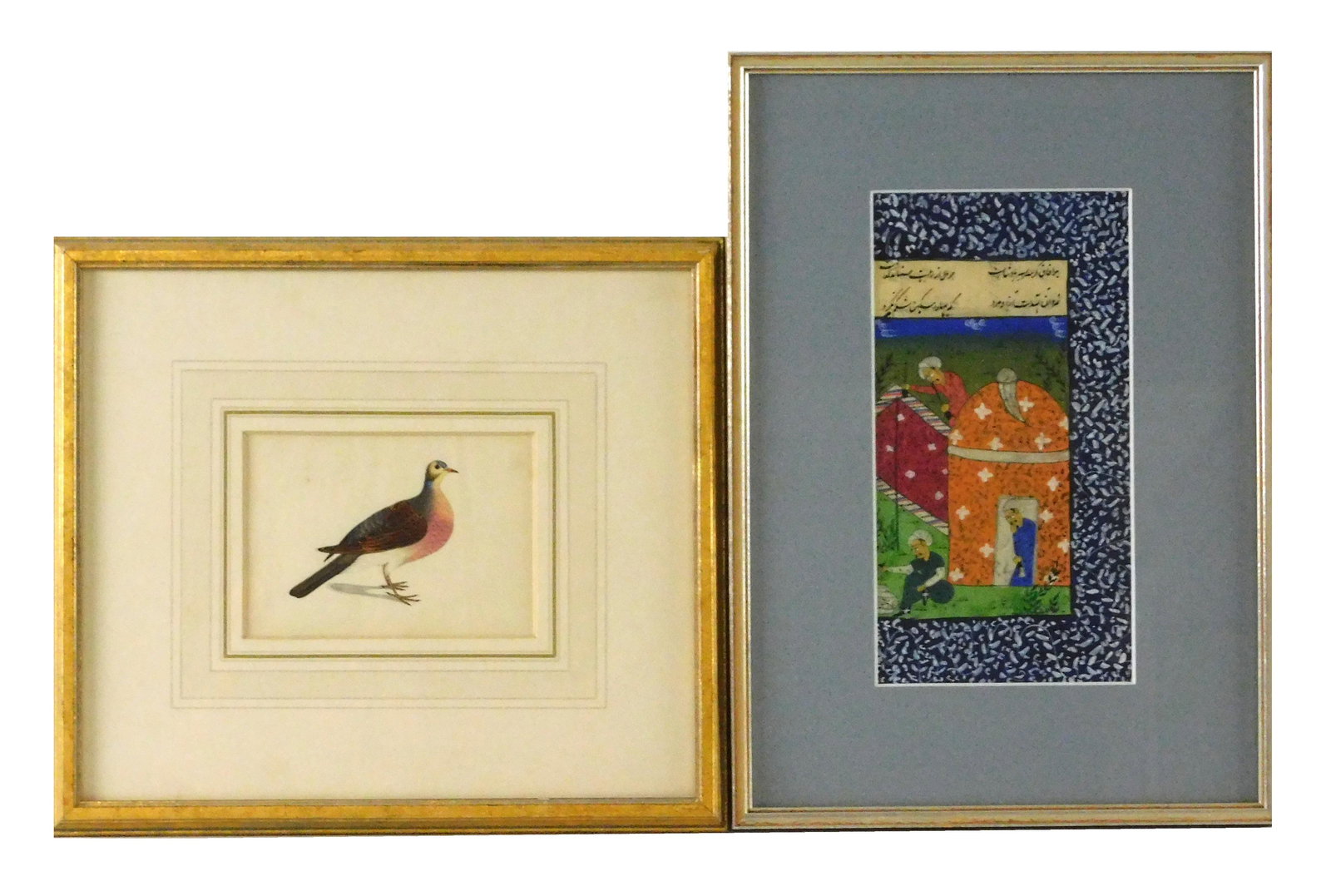 Two 19th C. artworks, Persian illuminated manuscript and Asian inspired watercolor of dove, both (1 of 3)