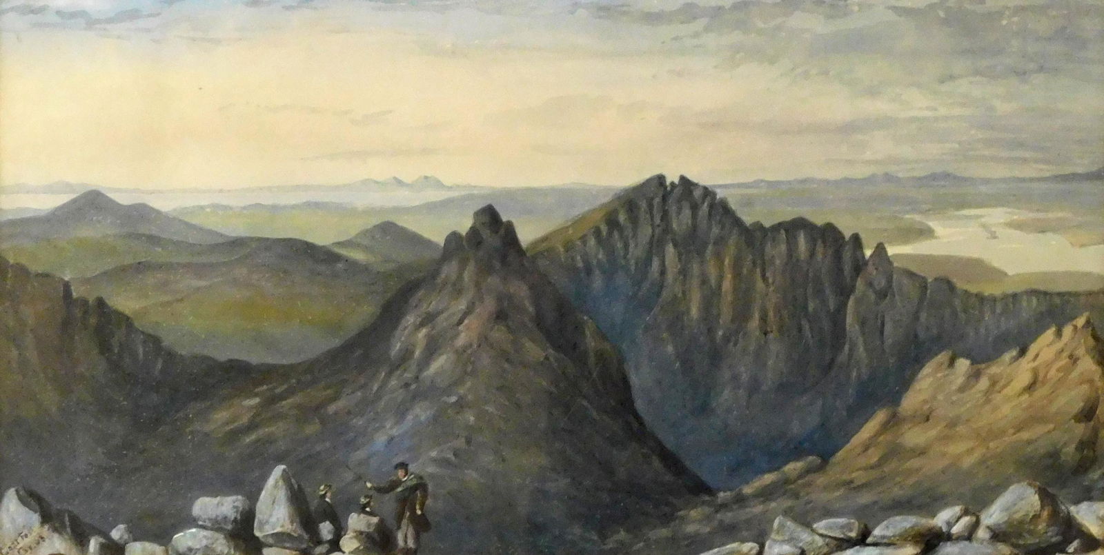 19th C. watercolor, "Goat Fell (Isle of Arran)", 1868, depicts three figures in foreground with (1 of 3)