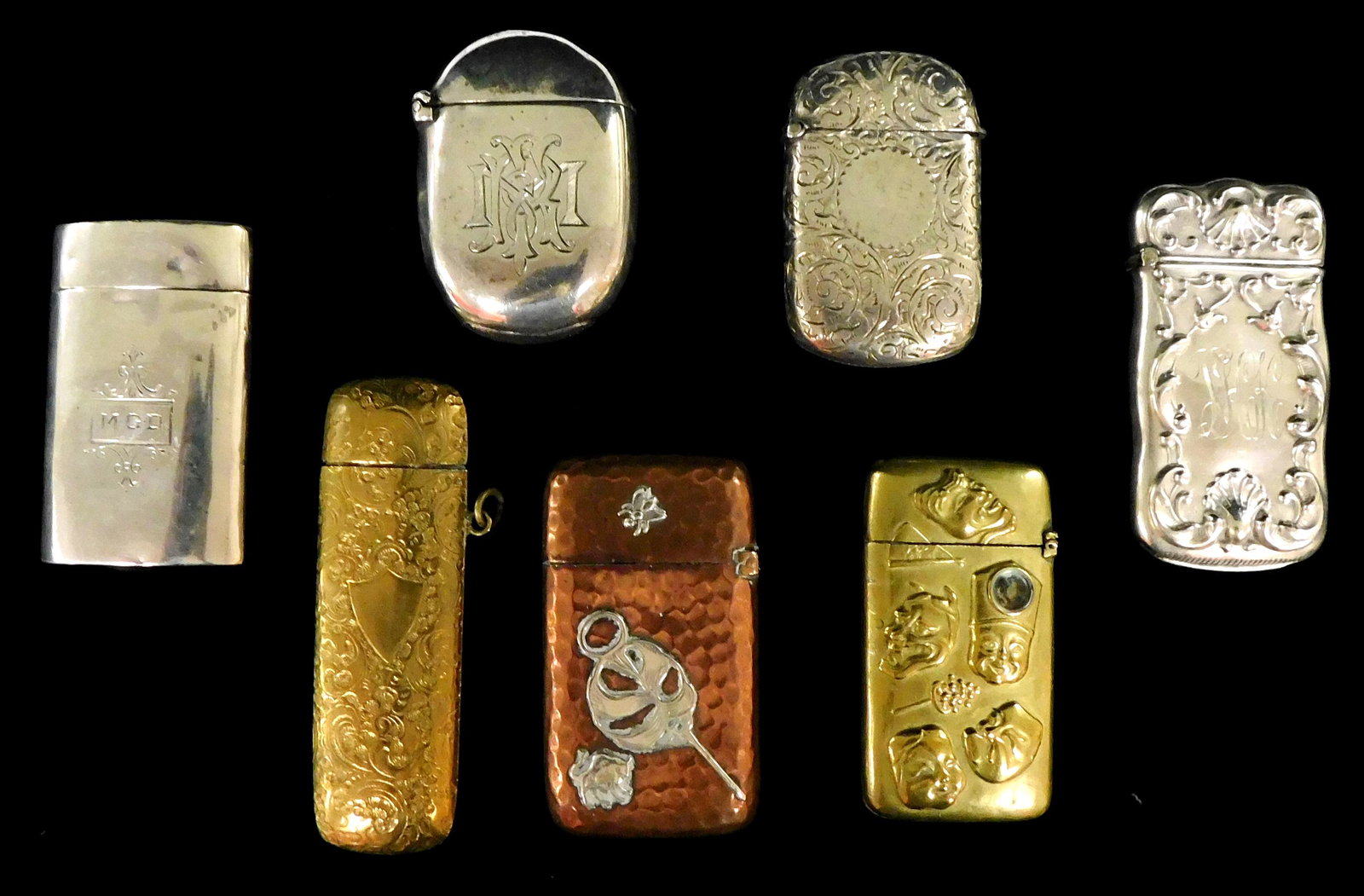 STERLING: Seven assorted match boxes, materials include sterling, tested silver, copper and brass, (1 of 3)