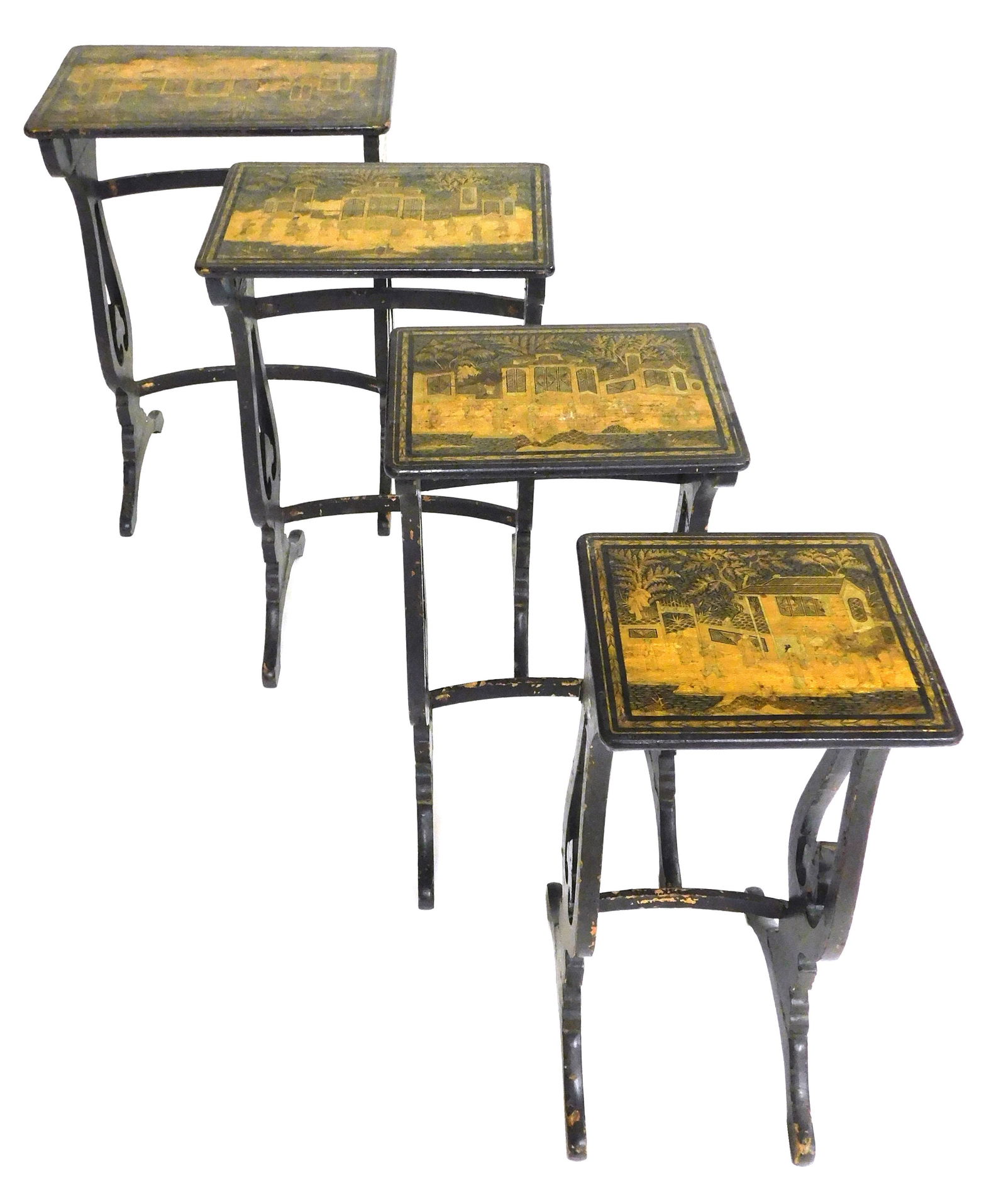 Nest of four stands, Chinese 19th C., black lacquer and gilt, oblong tops, pierced double pedestal (1 of 7)