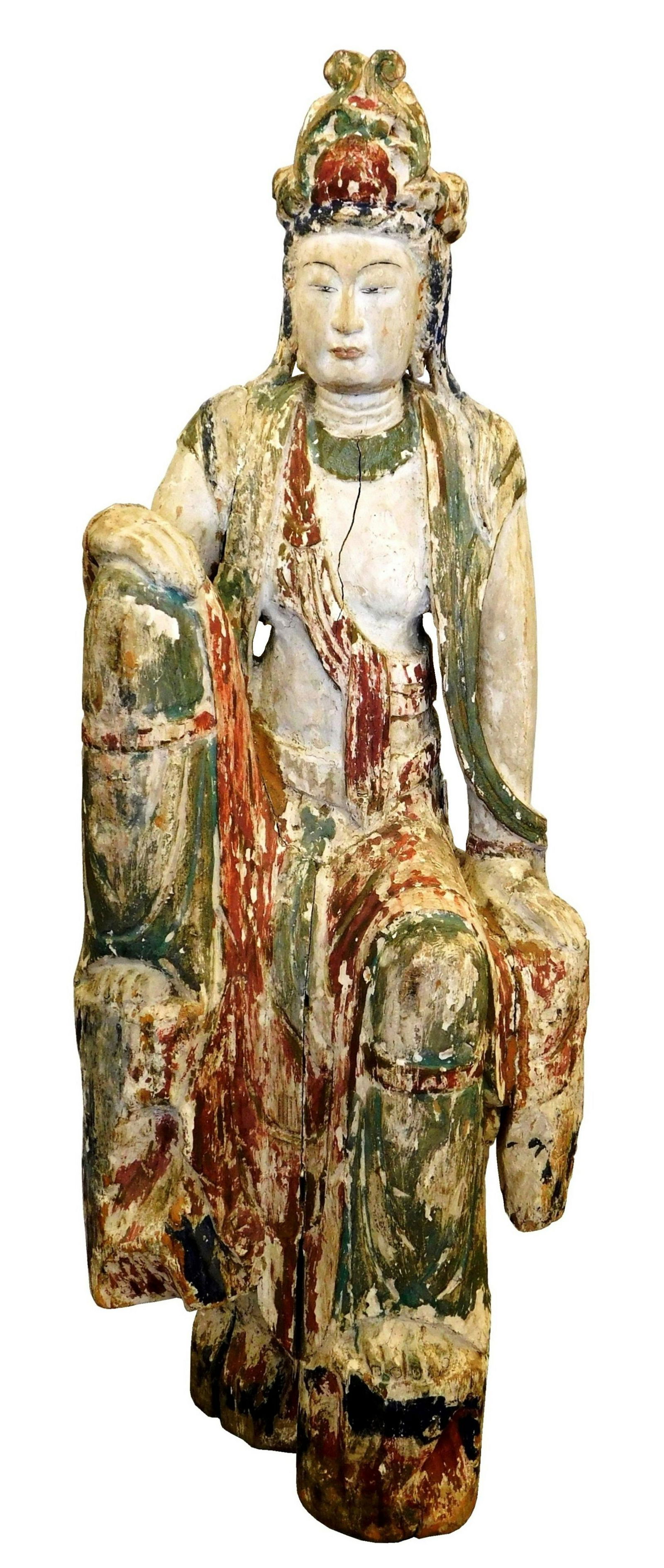 ASIAN: Chinese figure of Guanyin, wearing robes and headdress, remnants of polychrome finish on (1 of 3)