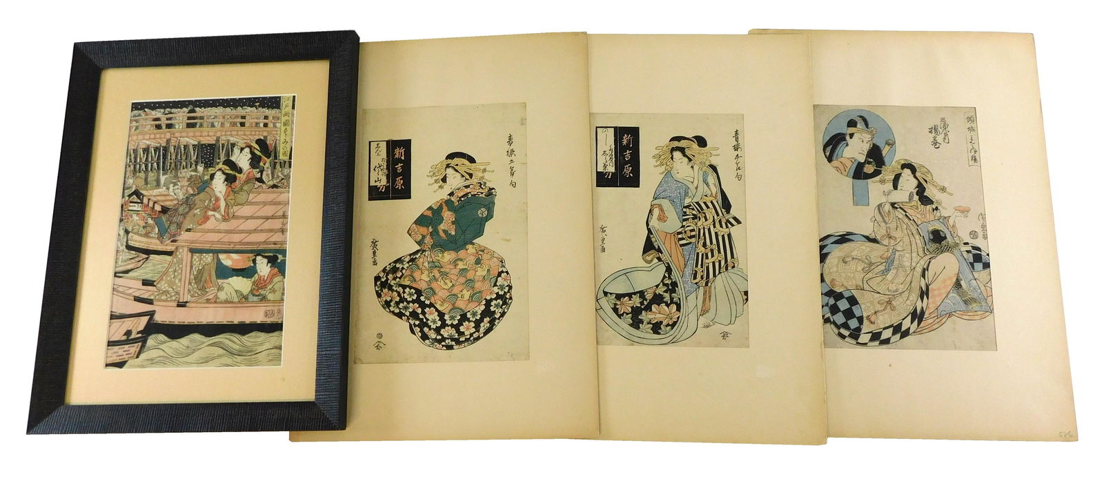 ASIAN: Four Japanese woodblock prints, details include, Ando Hiroshige (Japanese 1797-1858), three: ASIAN: Four Japanese woodblock prints, details include, Ando Hiroshige (Japanese 1797-1858), three color woodblock prints, all bijin-ga (beautiful women), signed, some wear, creases, and holes, matted