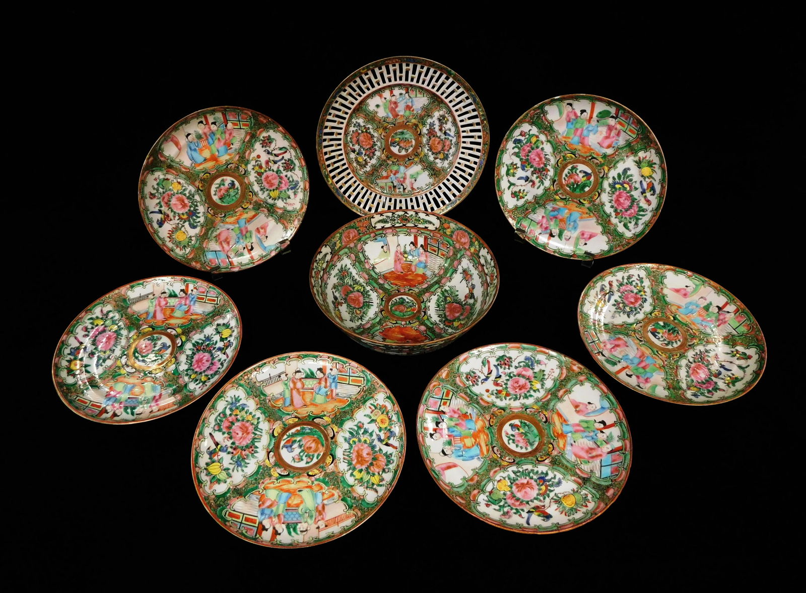 ASIAN: Eight pieces of rose medallion dinnerware, late 19th/ 20th C., including: six plates, all (1 of 6)