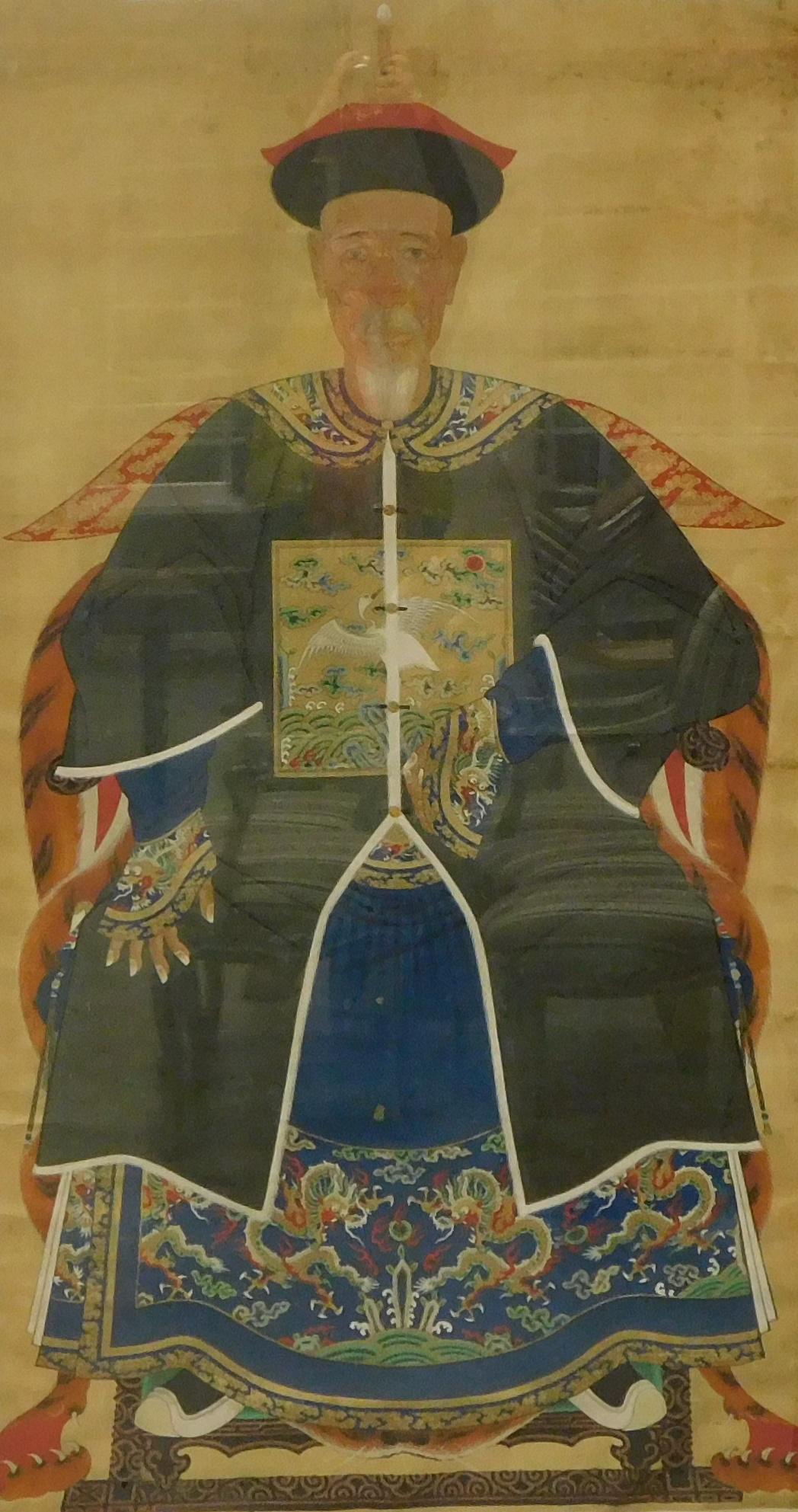ASIAN: Large Chinese ancestral portrait, watercolor and gouache on silk, Qing Dynasty, depicts (1 of 3)