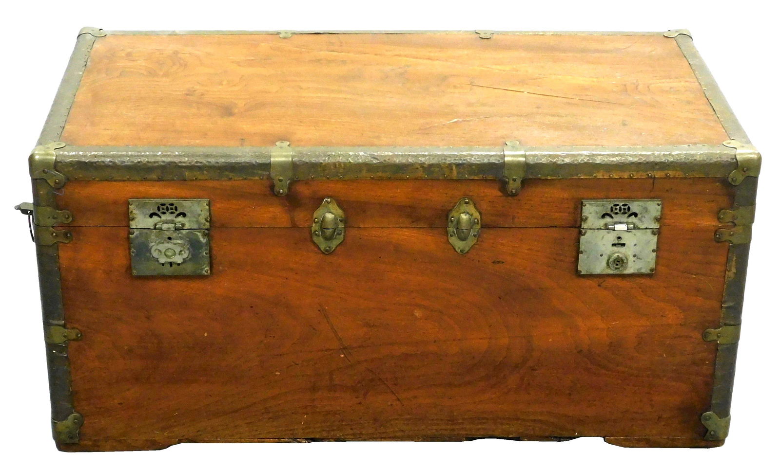 Metal bound wood chest, hammered brass encases camphor wood, four hinges at back, side handles and (1 of 4)