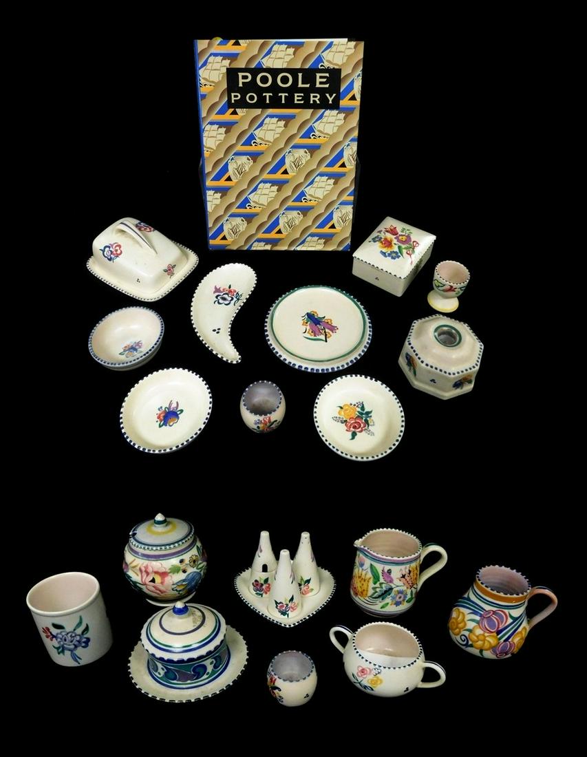 Poole English pottery group, eighteen pieces, white ground pastel floral decoration, including (1 of 3)