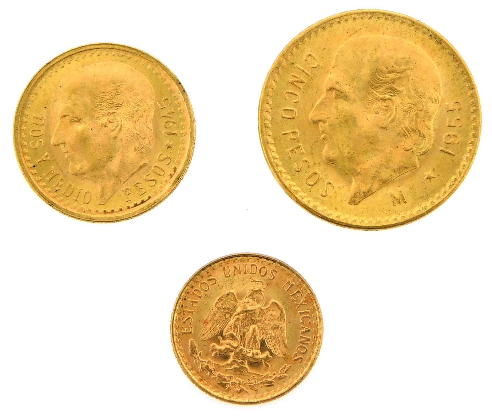 COINS: Lot of three Mexico pesos in gold, including a 1945 2 pesos coin, along with a 1945 $2.50: COINS: Lot of three Mexico pesos in gold, including a 1945 2 pesos coin, along with a 1945 $2.50 pesos coin and a 1955 5 pesos coin.