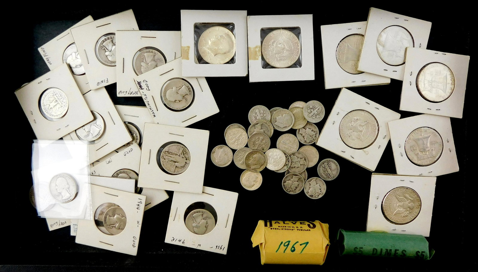 COINS: Large lot of US coins, including 75 pieces of circulated silver 10c.; Roll of 20 1967 50c.; (1 of 5)