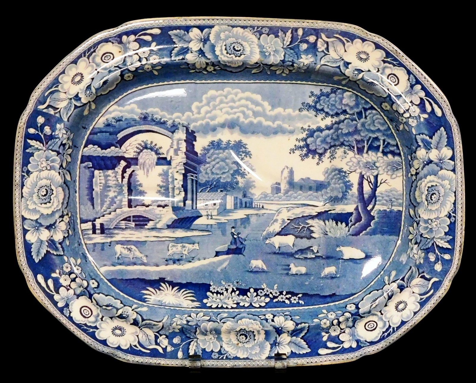 Historical Staffordshire "Stubbs" blue and white well and tree platter, c. 1825, English, octagonal (1 of 3)
