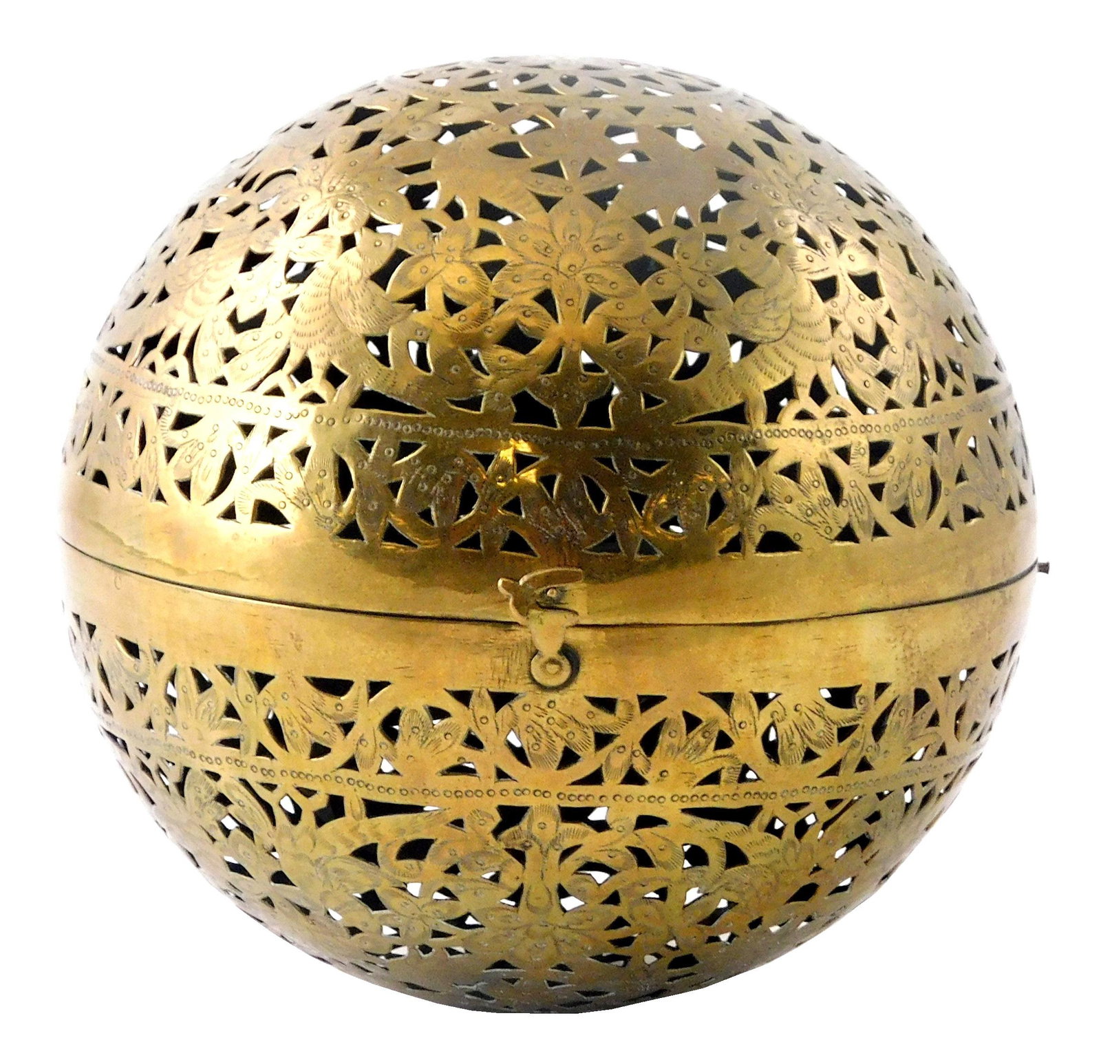 Pierced brass gimbaled hand warmer or rolling lamp, 19th C, hinged brass ball consisting of two (1 of 3)