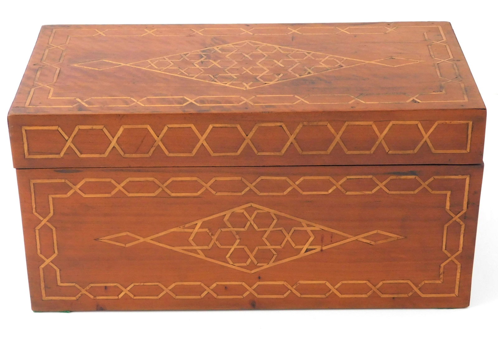 Box, American 19th C., string inlay decoration to all sides including diamonds inset with stars and (1 of 4)