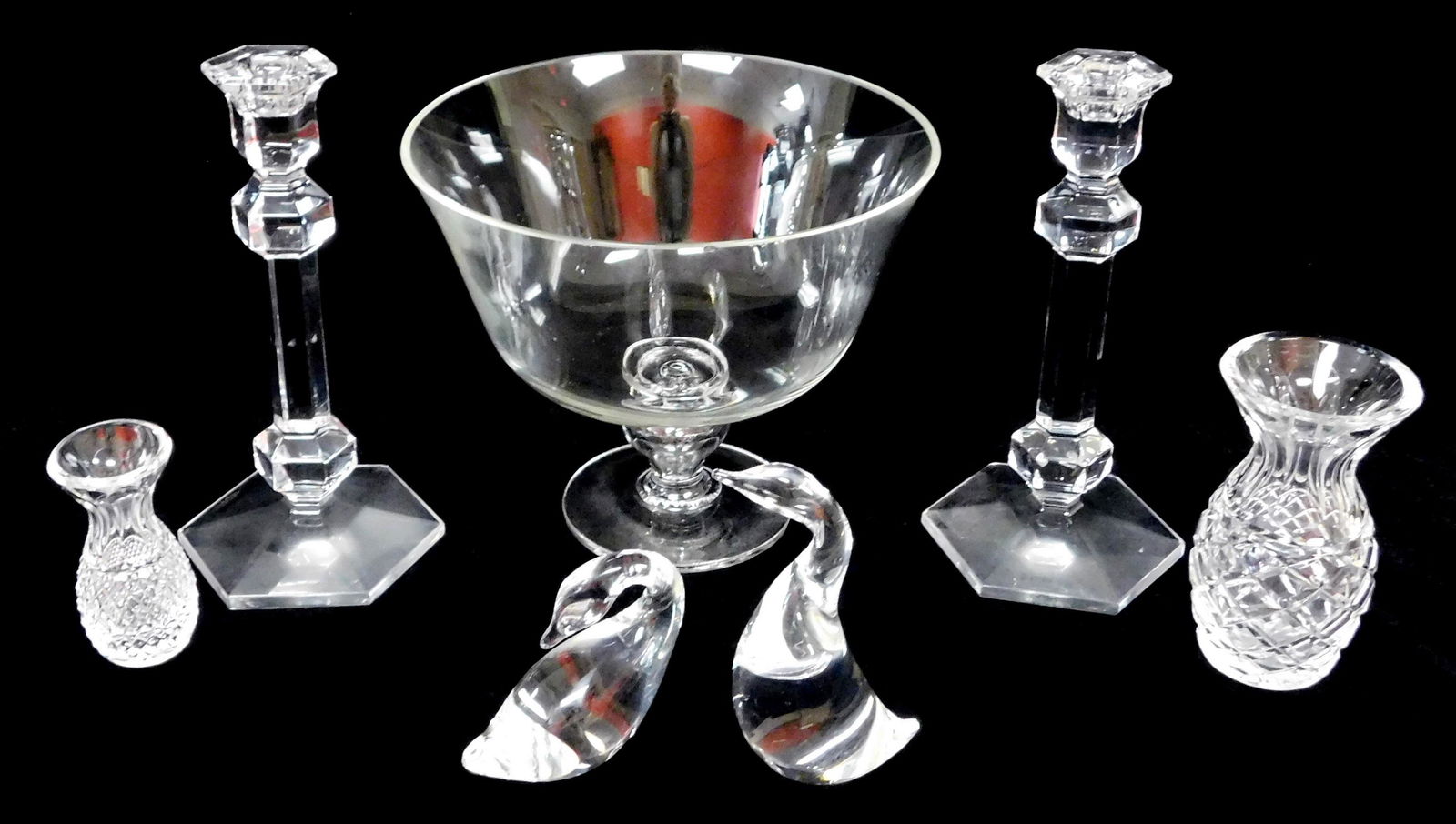 GLASS: Seven pieces of clear glass and crystal, Tiffany, Steuben and Waterford, details include two: GLASS: Seven pieces of clear glass and crystal, Tiffany, Steuben and Waterford, details include two Steuben decorative ducks, both signed on bottom; a pair of Val St. Lambert candlesticks with hexagon