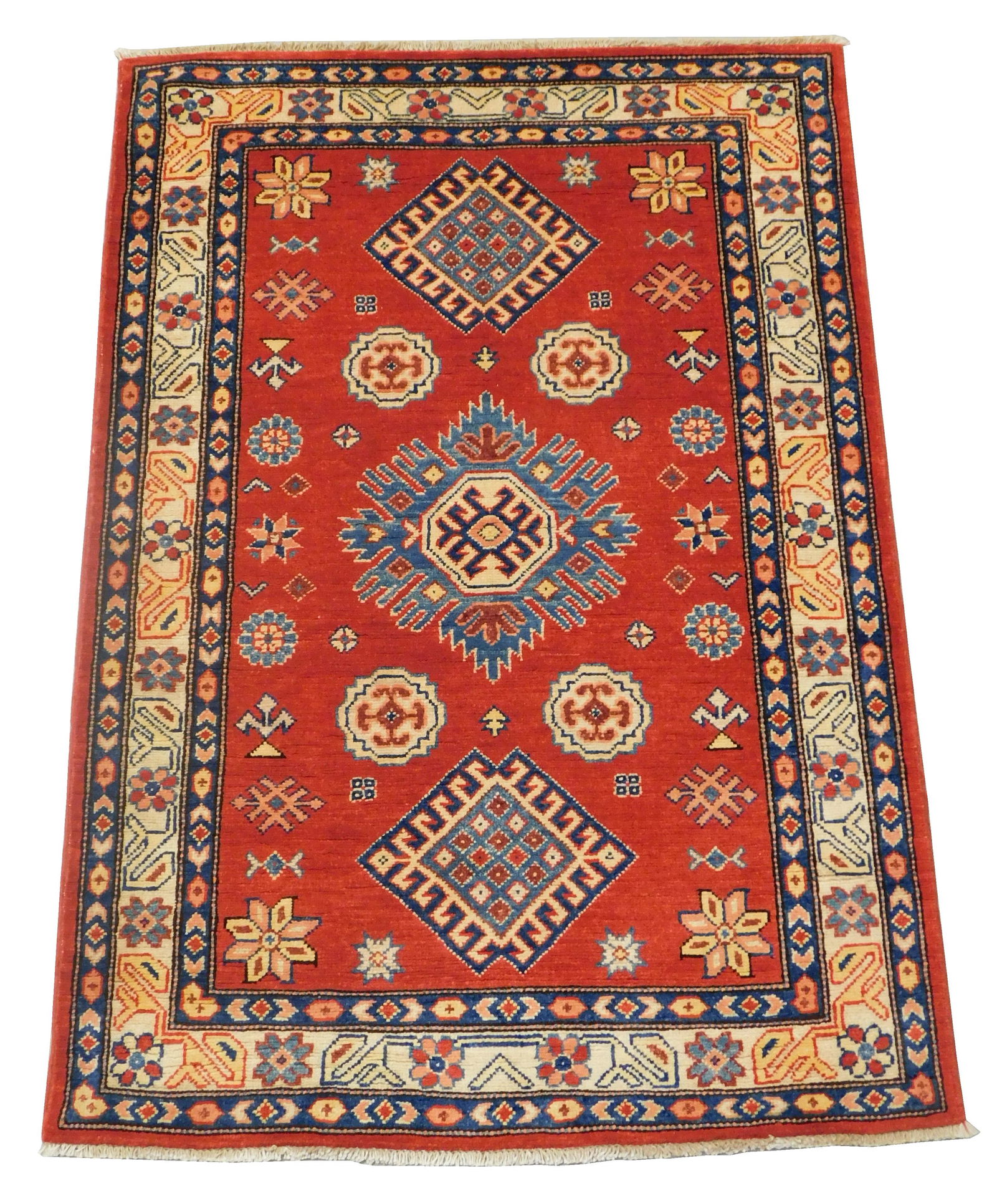 RUG: Uzbek Kazak, 3' 4" x 4' 10", hand-woven, 100% wool, red field with blue guard borders, light (1 of 4)