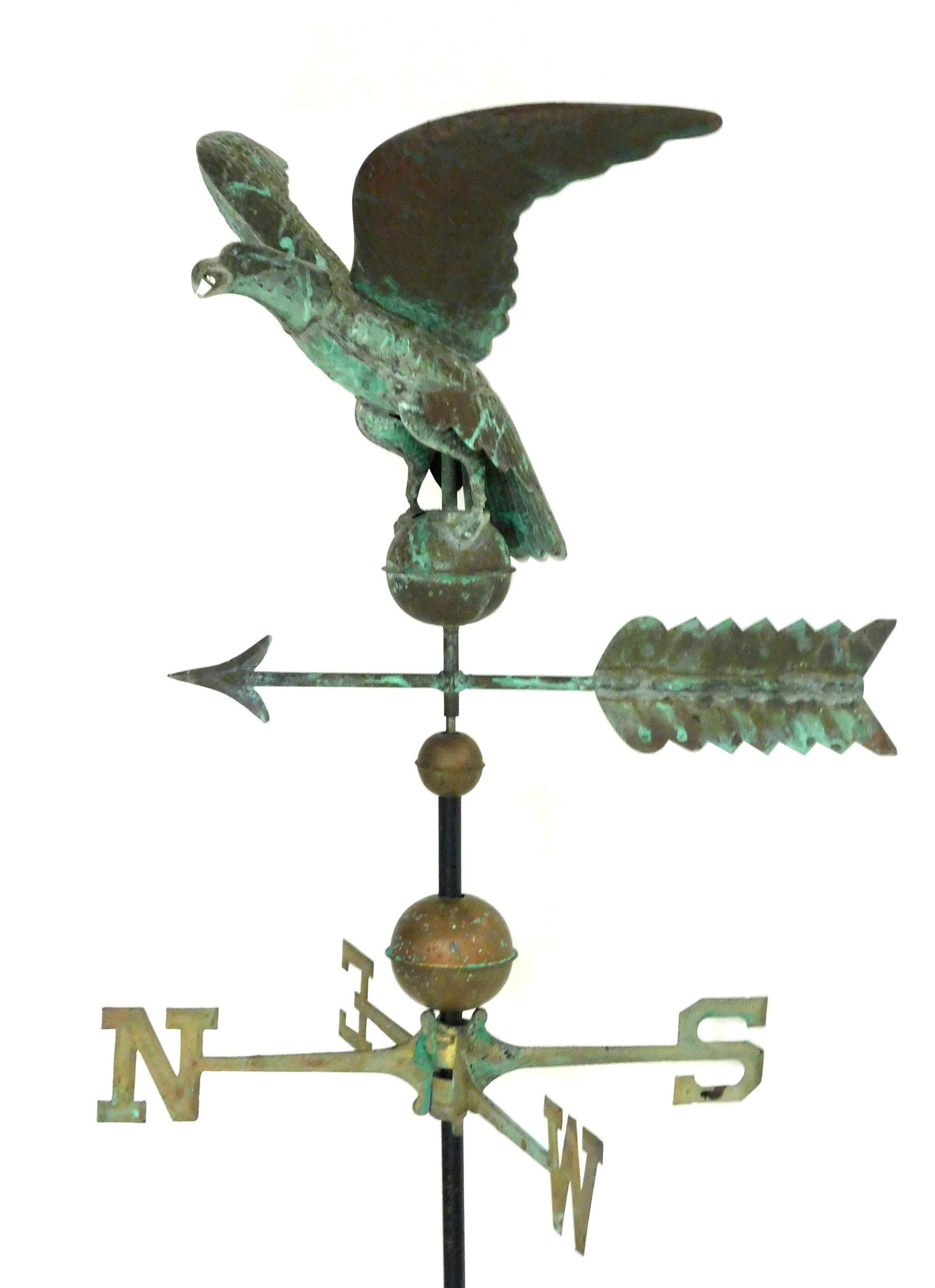 Eagle weathervane, 19th C., copper and brass, full bodied eagle with spread wings perched atop a (1 of 4)