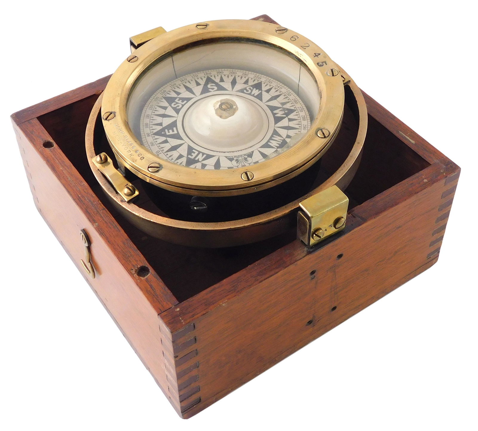 Gimballed box compass by John Bliss & Company, New York: brass gimbal frame and bowl with black (1 of 4)