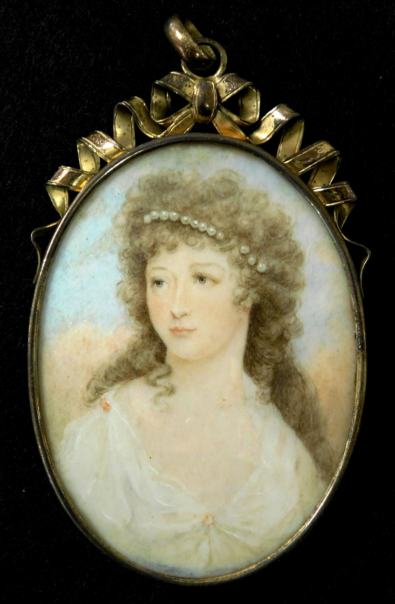 MINIATURE: Portrait of beautiful young woman with pearl headband, watercolor on oval support, strand (1 of 3)