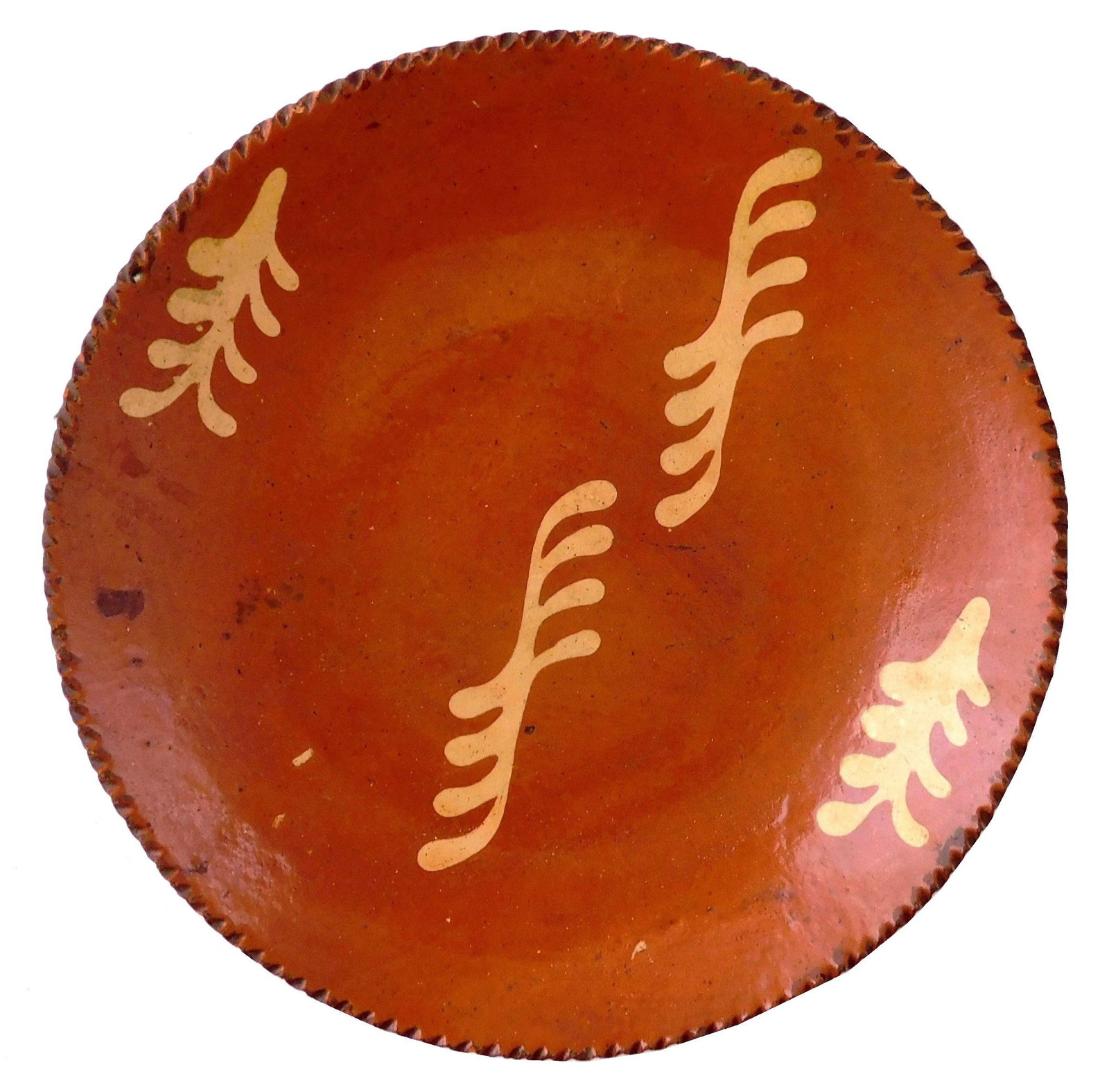 CERAMICS: A Redware pottery plate, 19th C., yellow slip decoration, coggle wheel edge, wear (1 of 3)