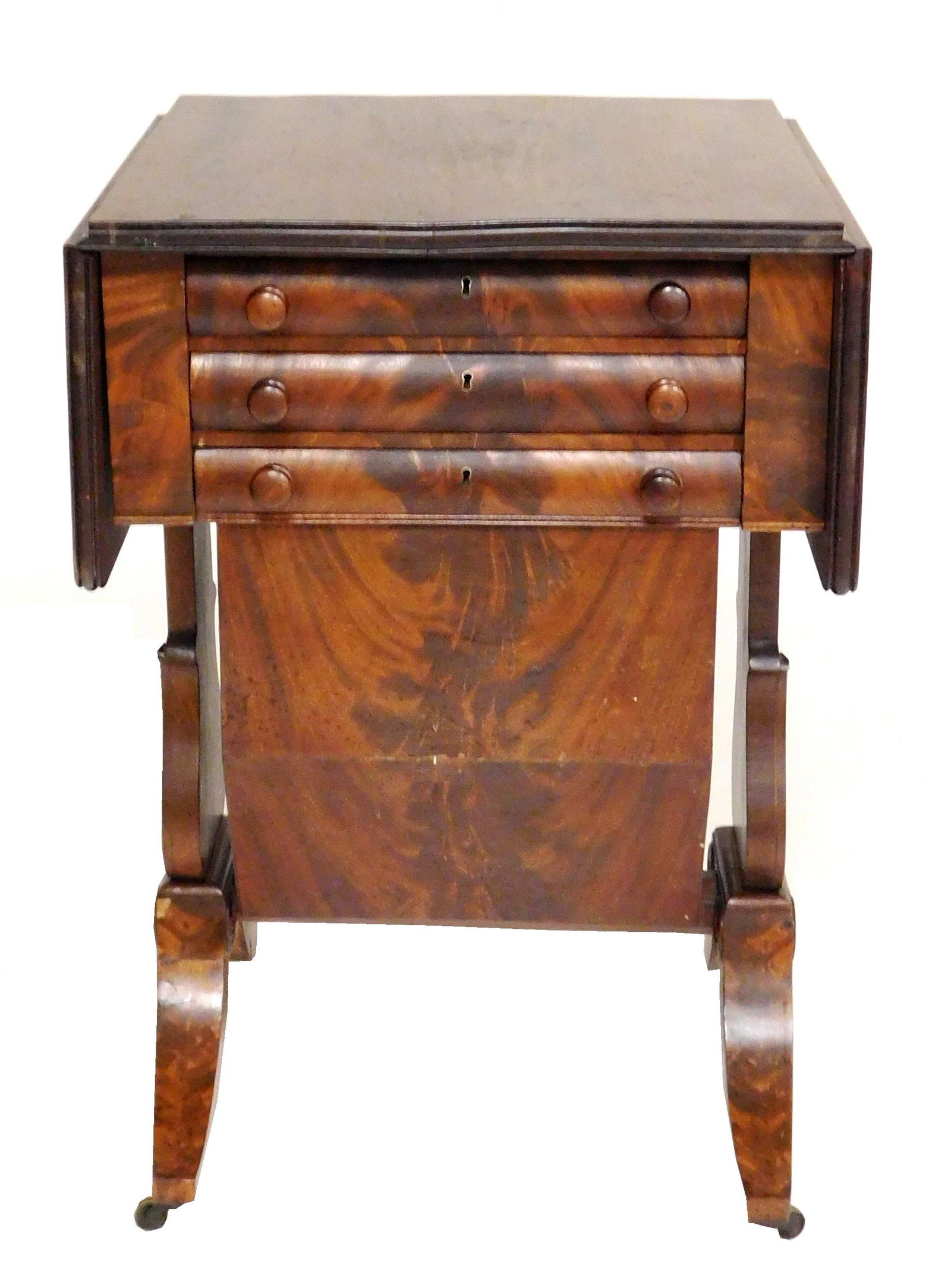 Work table, American, c. 1840, mahogany and mahogany veneer, pine secondary, drop leaves, three (1 of 3)