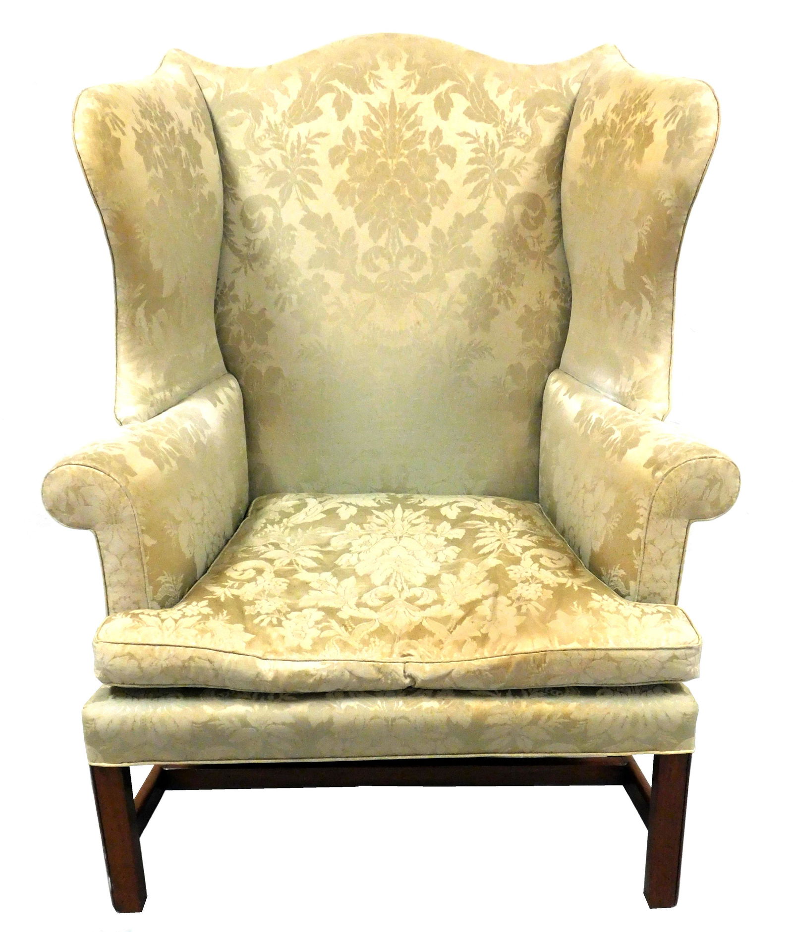 Wing chair, American, late 18th C., deep wings, camel back, rolled arms, mahogany frame, straight (1 of 2)