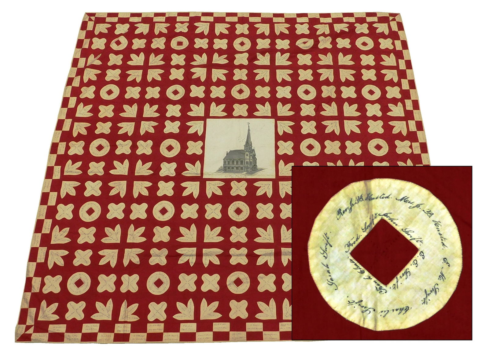 TEXTILE: Signature quilt, c. 1874-1909, cotton, with a large center block with a hand-drawn picture (1 of 9)