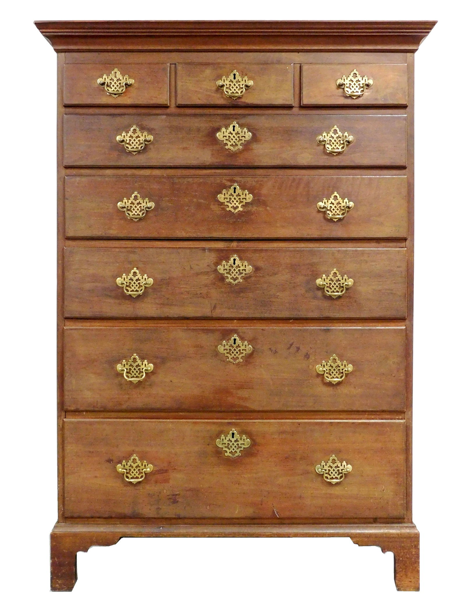 Tall chest, American, late 18th C., probably Pennsylvania, walnut pine and chestnut, projecting (1 of 2)