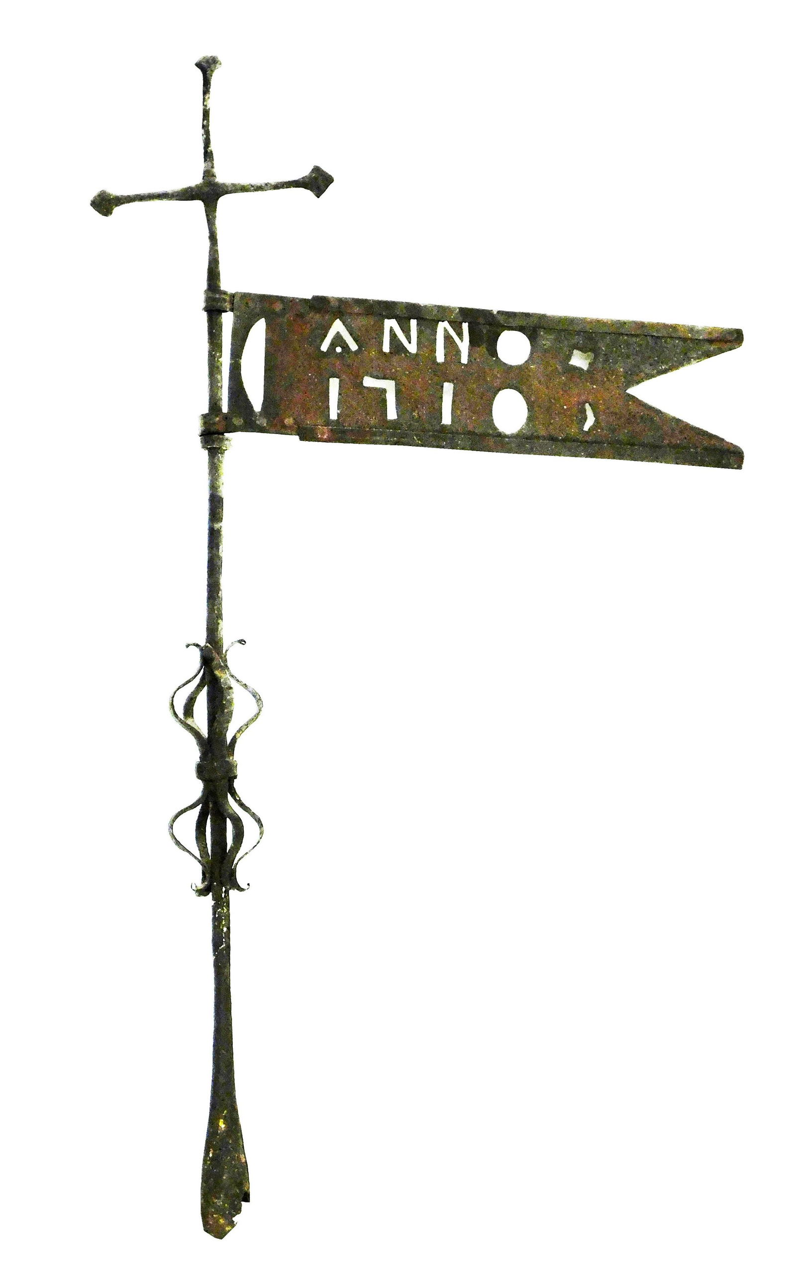 Flag banner weathervane, "Anno 1710", wrought iron, with ornamentation below banner, base of the (1 of 3)