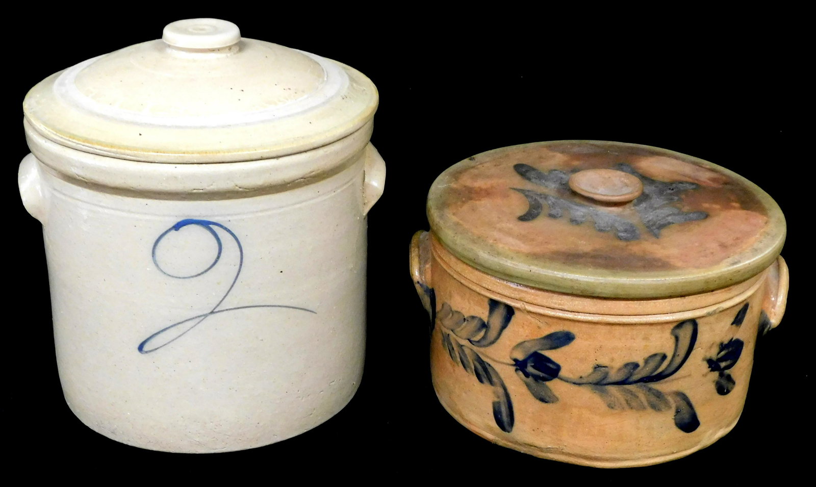 Two salt glazed stoneware covered crocks: a two-gallon crock with lid, applied handles, one handle (1 of 6)