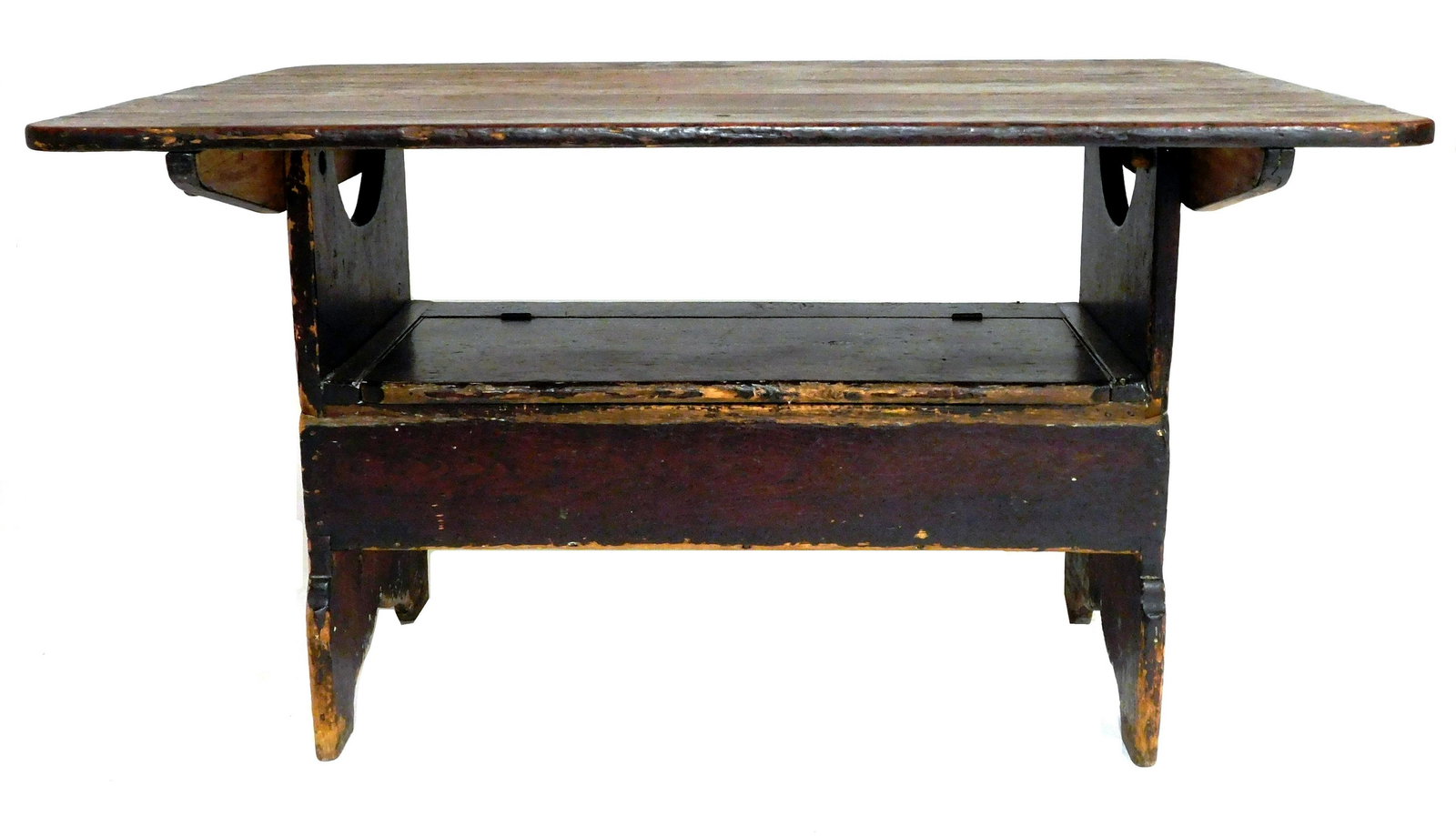 Hutch table, American, late 18th /early 19th C., pine with brown stain, oblong top with rounded (1 of 4)