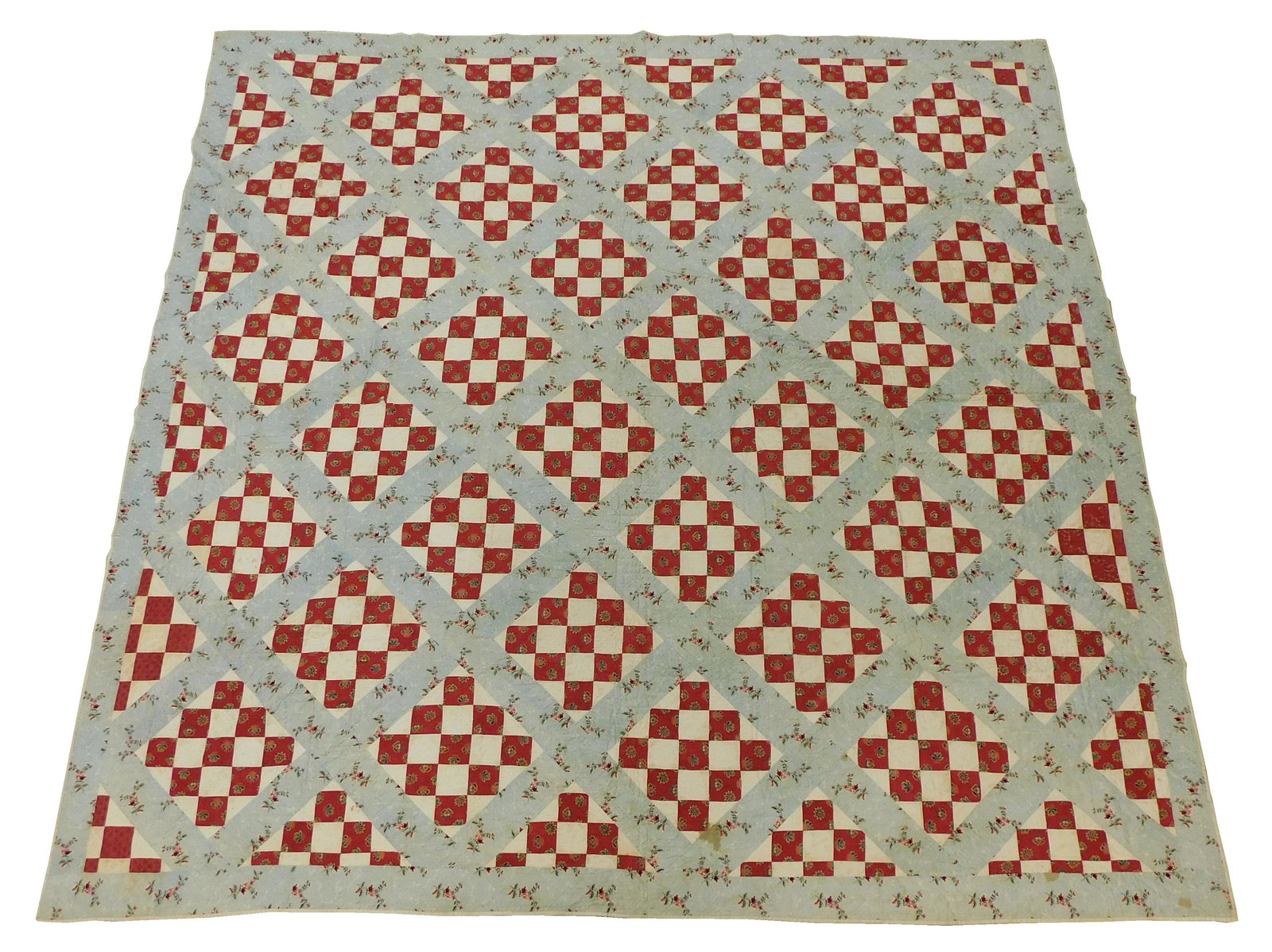 TEXTILE: Pieced quilt with turkey red and white checkerboard block set on point, c. 1840-1850, (1 of 6)