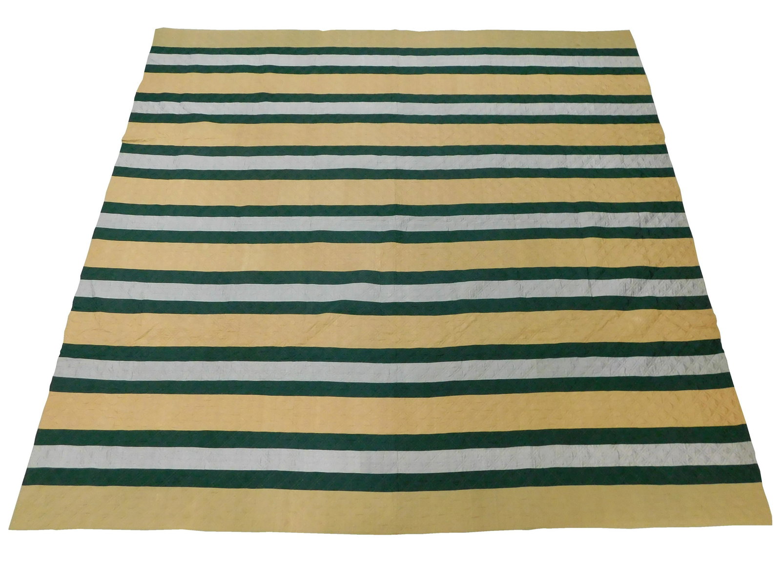 TEXTILE: Pieced quilt in stripes of tan, dark green, and gray silk, c. 1840-1860, silk and cotton, (1 of 4)