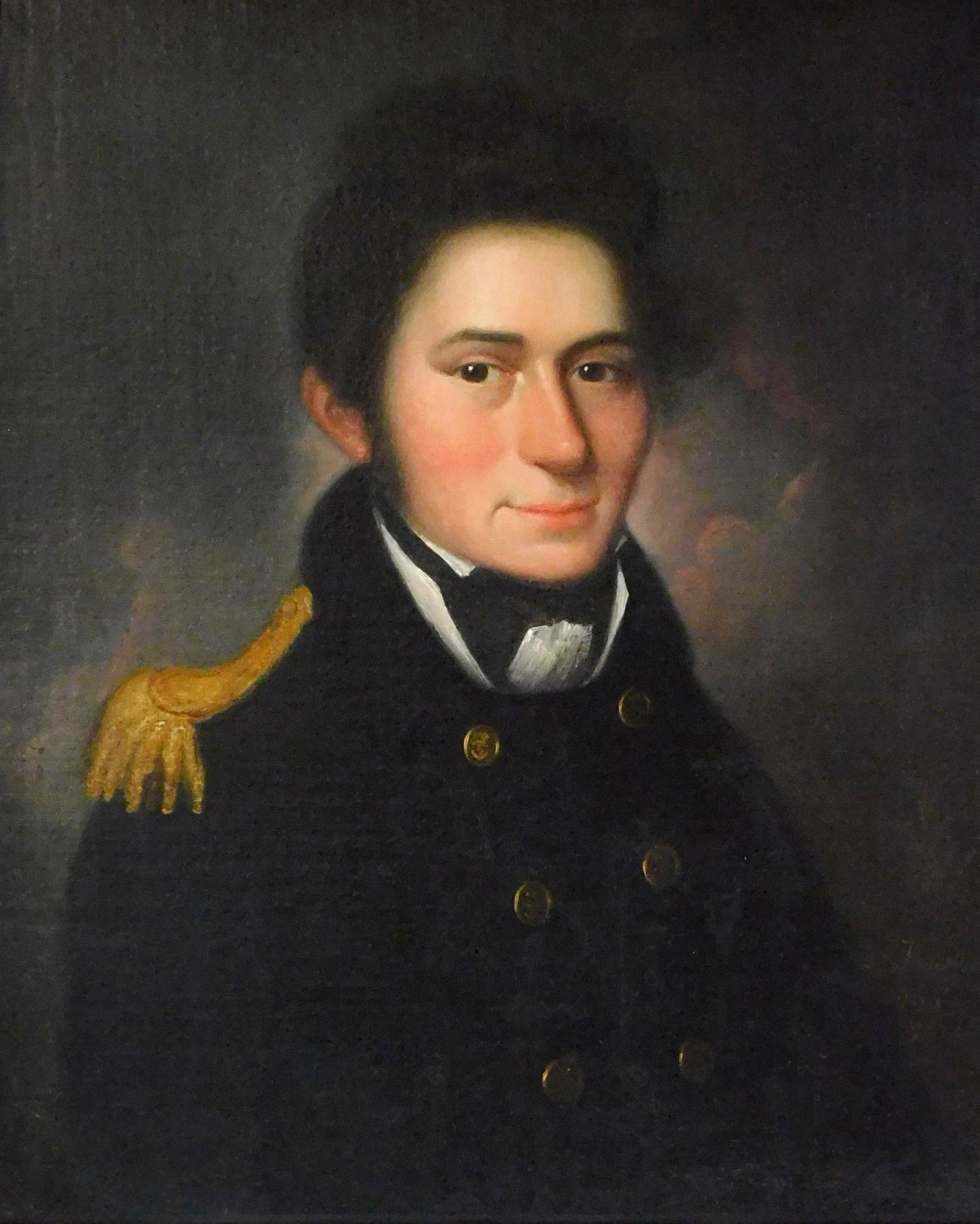 Portrait of military man, 19th C, oil on canvas, a man with dark hair and eyes wears a high collar,: Portrait of military man, 19th C, oil on canvas, a man with dark hair and eyes wears a high collar, and jacket with six gold anchor buttons, bears signature and date lower right corner, "J. Henson Pir
