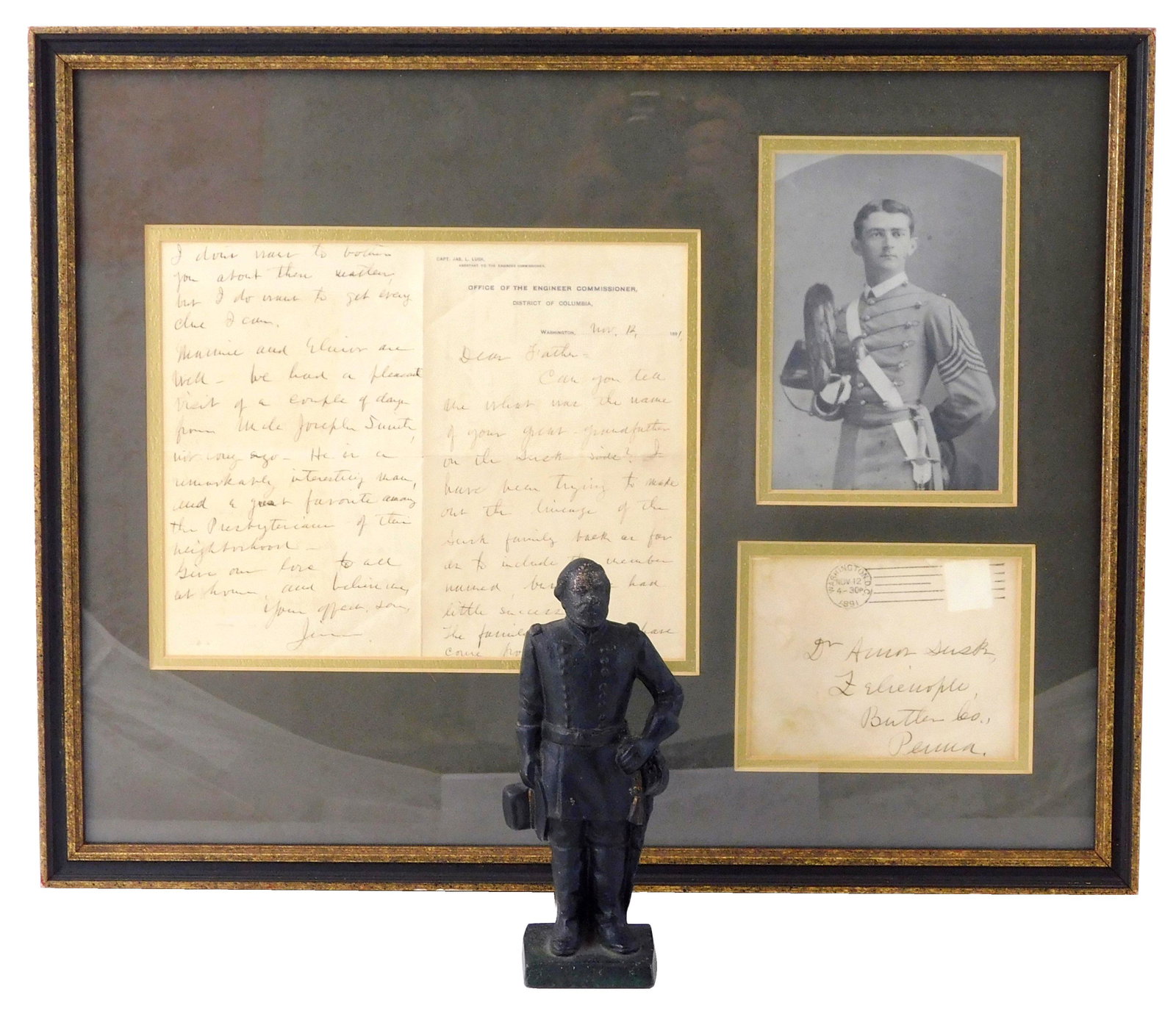 EPHEMERA: 1891 framed letter, written by James Loring Lusk to his father, on letter head titled (1 of 5)