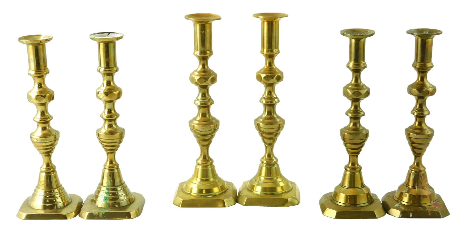 Three Pair 19th C. beehive candlesticks, all with cut corner bases, wear consistent with age and use (1 of 7)